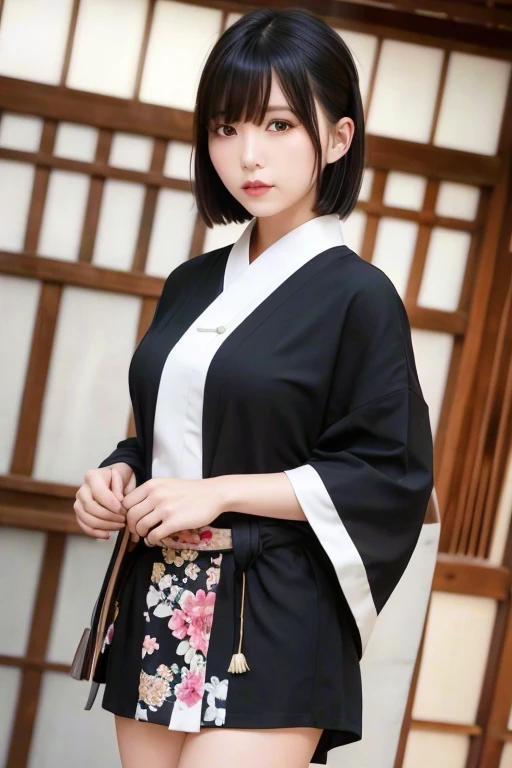 1girl, solo, looking at viewer, short hair, bangs, skirt, black hair, hair ornament, thighhighs, standing, outdoors, japanese clothes, kimono, blurry, black eyes, white thighhighs, sash, blurry background, floral print, realistic, architecture, east asian architecture,full_body,japanese