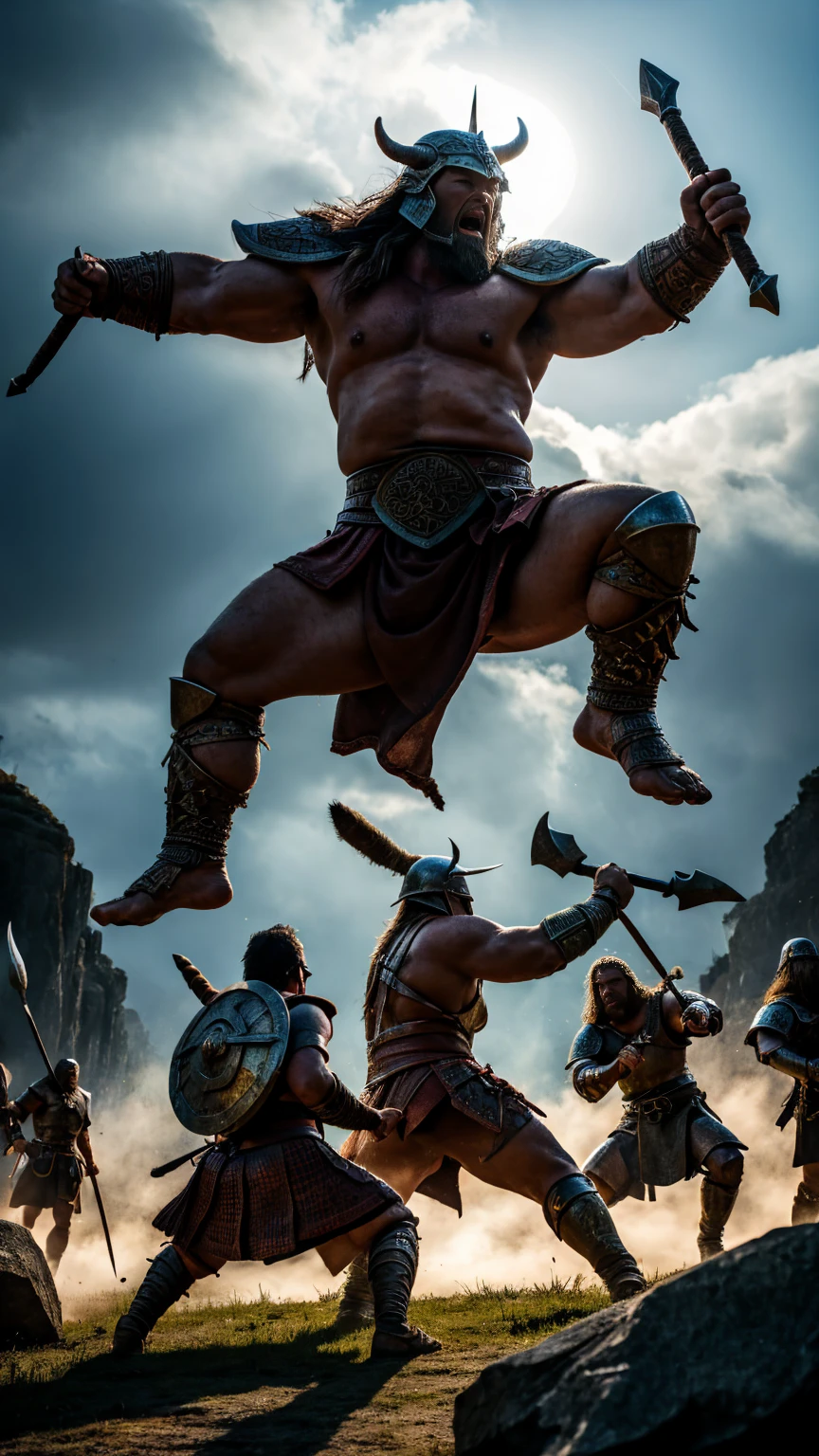 a robust build barbarian, mid combat, He is a ferocious fat barbarian, leather armor, viking helmet, armored short skirt, holding a double edged ancient legendary axe, legs exposed from thighs to feet, (best quality, photo-realistic:1.37), ultra-detailed, Viking War Axes, fierce warriors, ancient battlefields, epic showdown, intense power, historical warfare, dramatic lighting, mystical aura, mythical battlegrounds, legendary struggle, heroic champions, fearless warriors, battle cry, triumph and glory, immersive atmosphere, epic combat, mythical warriors, ancient Norse, cinematic composition, intense energy, mythical heroes, fierce determination, breathtaking action, dynamic poses, mythical realms, mythical strength, ((ultra sharp)), ((masterpiece)), ((best quality)), ((ultra detailed)), ((intricate details)), Inguinal region detailed, 