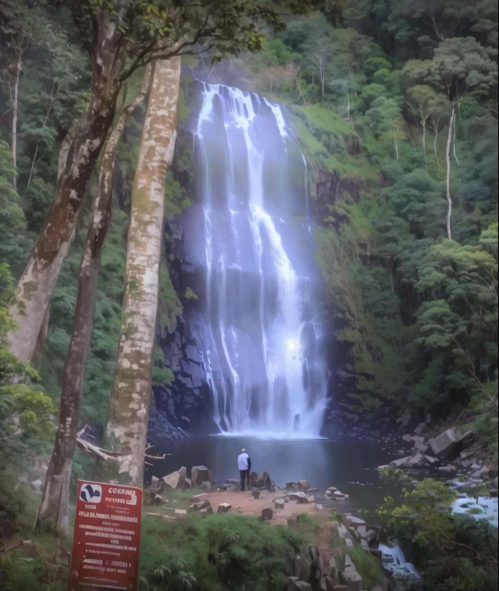 there is a man standing in front of a cachoeira in the woods, cachoeira, cachoeira, cachoeira below, tente, cachoeira in background, (cachoeira), high cachoeiras, cachoeira in the background, with trees and cachoeiras, cachoeiras, with cachoeiras, with a cachoeiras, cachoeira falling down, cachoeiras, cachoeiras and lakes, huge cachoeira, next to a cachoeira