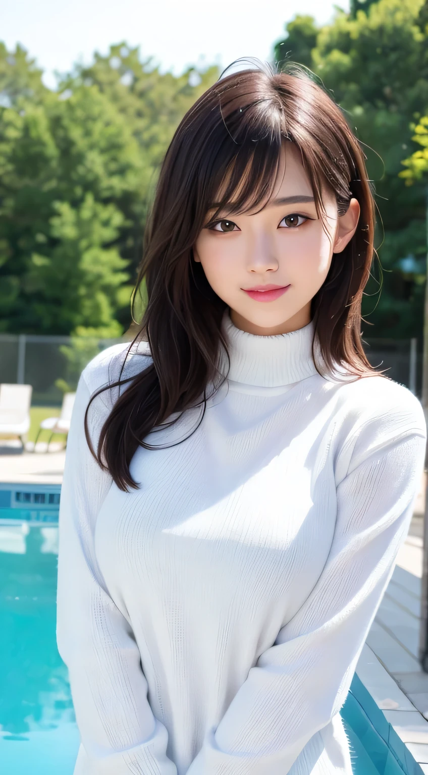 Purelos Face_v1, highest quality, Photorealistic, 8k, High resolution, 1 huge big breast, Pervert woman, (Skin dents), (Sports Late:0.6), gorgeous, Dynamic Pose, ((Poolside Background:1.6)), Coco, ((Medium round breasts,White high neck sweater:1.4)), Look directly at the viewer:1.8, (A girl looks at the audience, Medium Hair, Black has, Parted bangs:1.65), (Bokeh), With a smile:1.2, (Mouth closed:1.16),