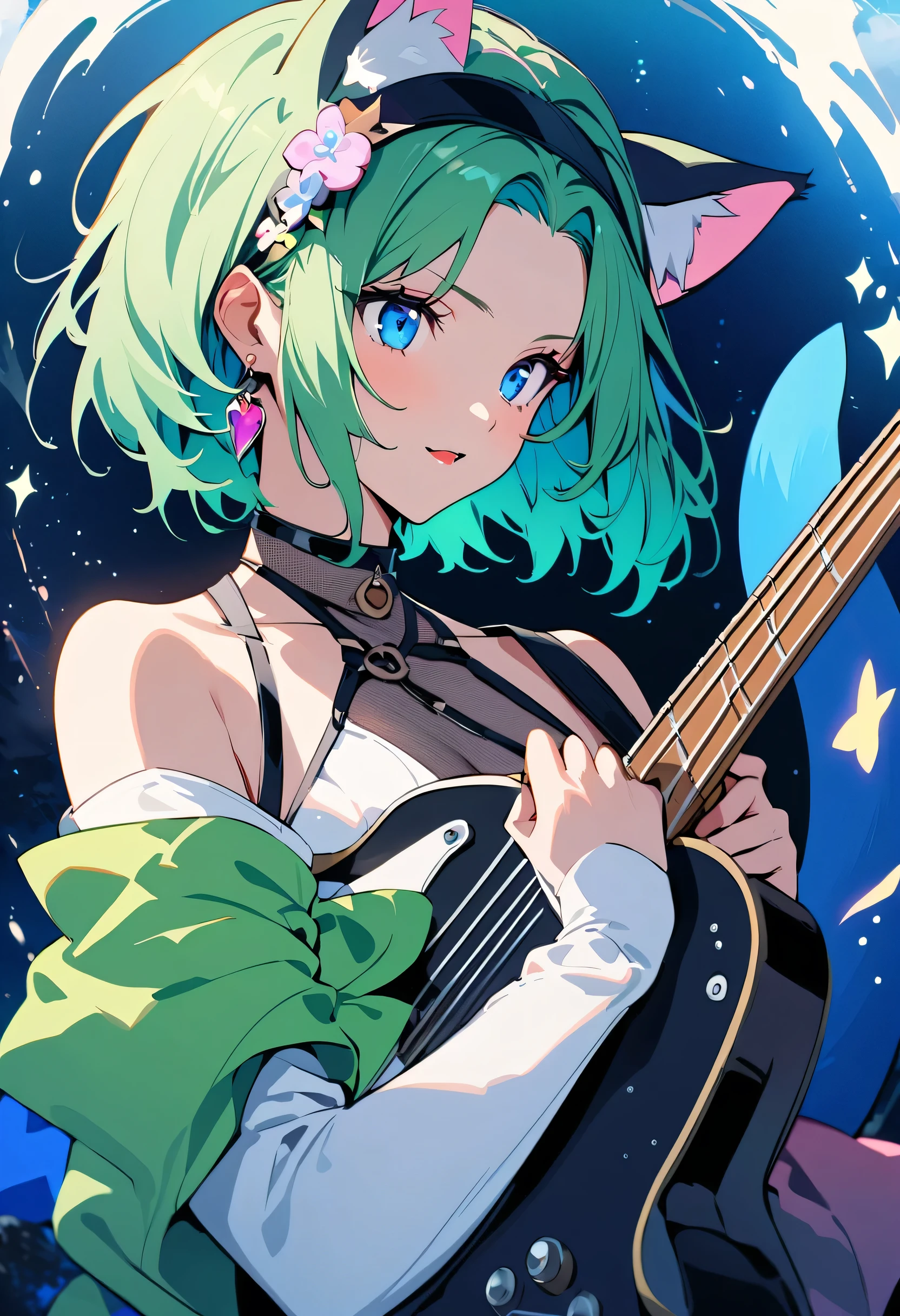((guitarist:1.3)、Female Band、Live)、((Upper Body))、masterpiece, highest quality, Illustrations for novels, High resolution, 18+ Adult content, Sensual, Intimate, Emotional, Passionate, romantic, sweet, Adorable, Innocent, Pure, Fascinating, Fascinating, attractive, Mysterious, Fascinating, Fascinating, Immersive, Fascinating, dream-like, Surreal, Imaginative, Whimsical, artistic, Avant-garde, timeless, elegant, Sophisticated, chic, Sophisticated, Individuality, original, Fascinating,One girl,Deltamon_beta, alone, blue eyes, Knee socks, Animal ears, Exposing shoulders, Blue Tail, Earrings,Removable sleeves, Green Hair, No sleeve, Cat ear, bag, white Knee socks, Cat's Tail,pink backpack,Pink school bag,Lavender lace: Lavender Peter Pan collar lace dress, Paired with ivory tights and Mary Jane shoes、