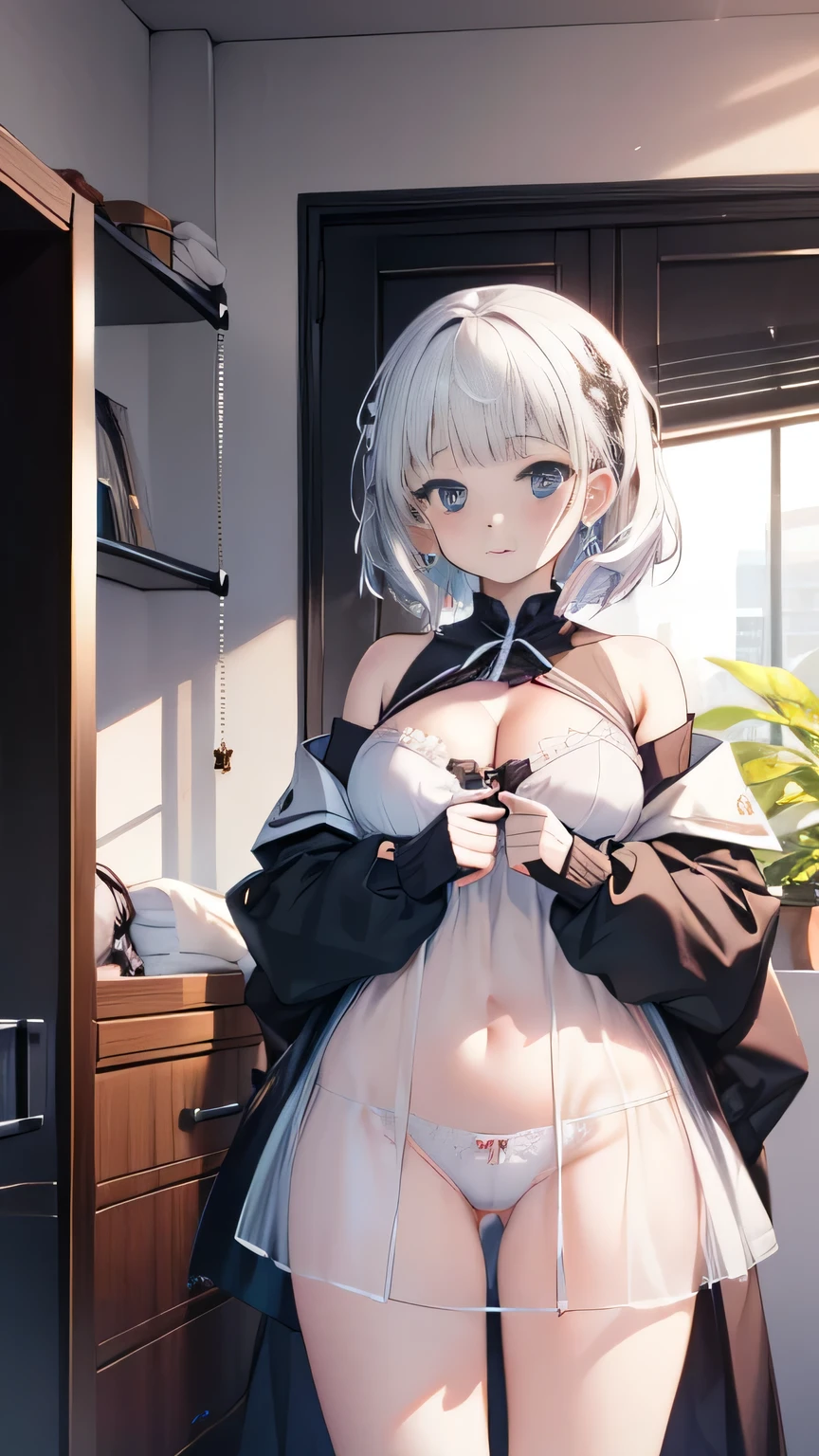 (Highly detailed CG Unity 8k wallpaper),(masterpiece), (highest quality), (Super detailed), (Best illustrations), Large Breasts　White Hair　School changing room　White underwear　Half-dressed