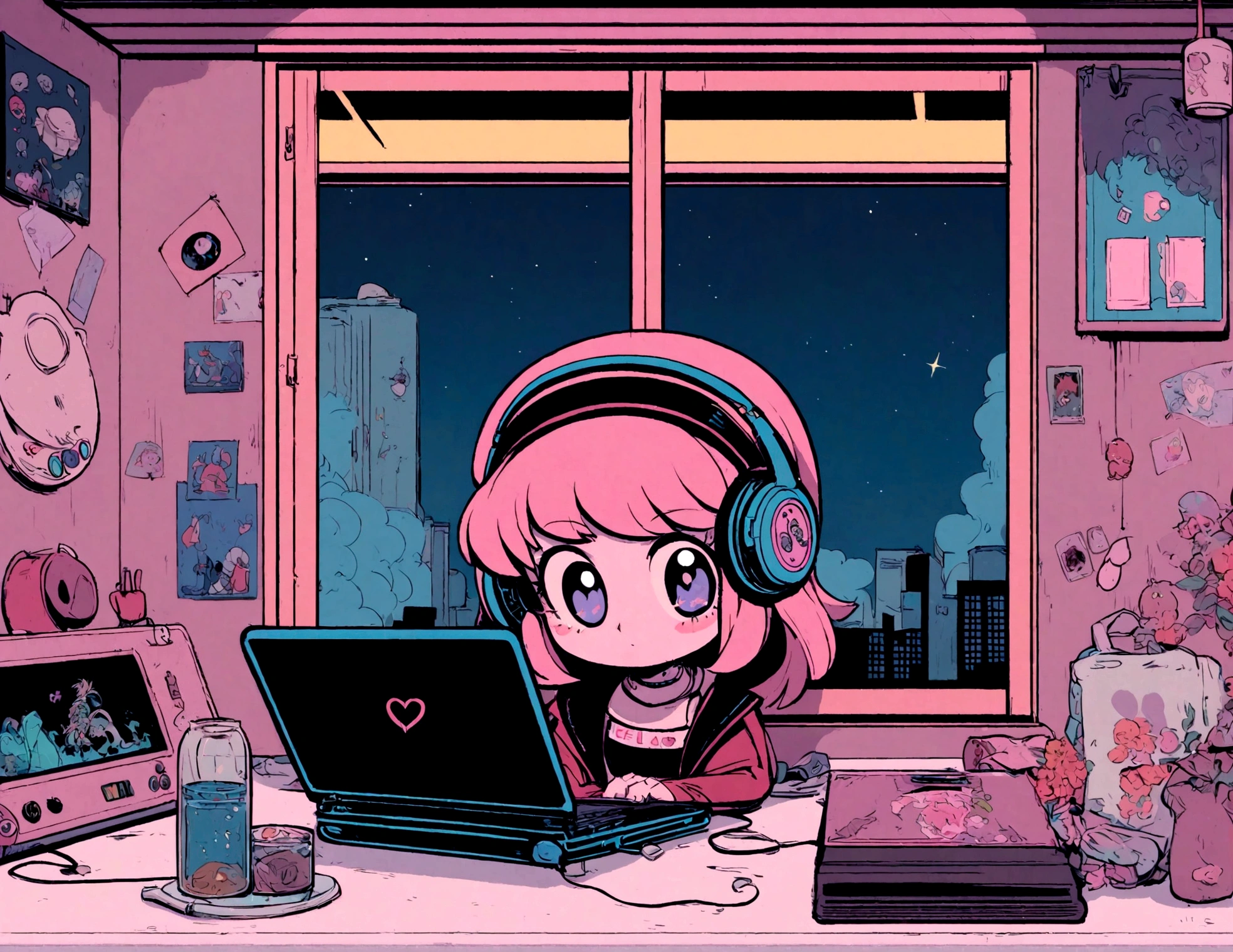Anime girl sitting at the table with laptop and headphones inside, night view in the window, zero garota, Estilo de arte de elogio, retrato de lofi, arte lofi, Lofi sensation, zero, ZERO vibrations, relaxe, lofi girl aesthetic, arte lo-fi, cor zero, lo-fi style illustration, Hip Hop Lofi, lofi aesthetic