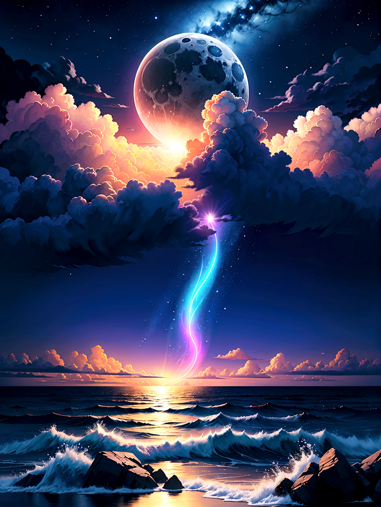 Neon art, In the dark night, Ocean, cloud, moon, Star, rich and colorful, detailed, 4k