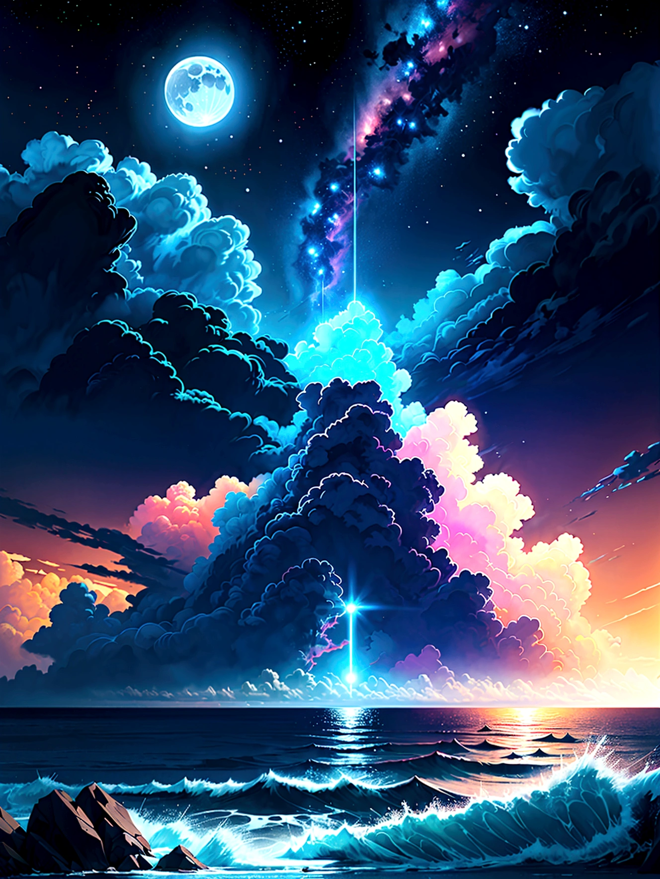 Neon art, In the dark night, Ocean, cloud, moon, Star, rich and colorful, detailed, 4k