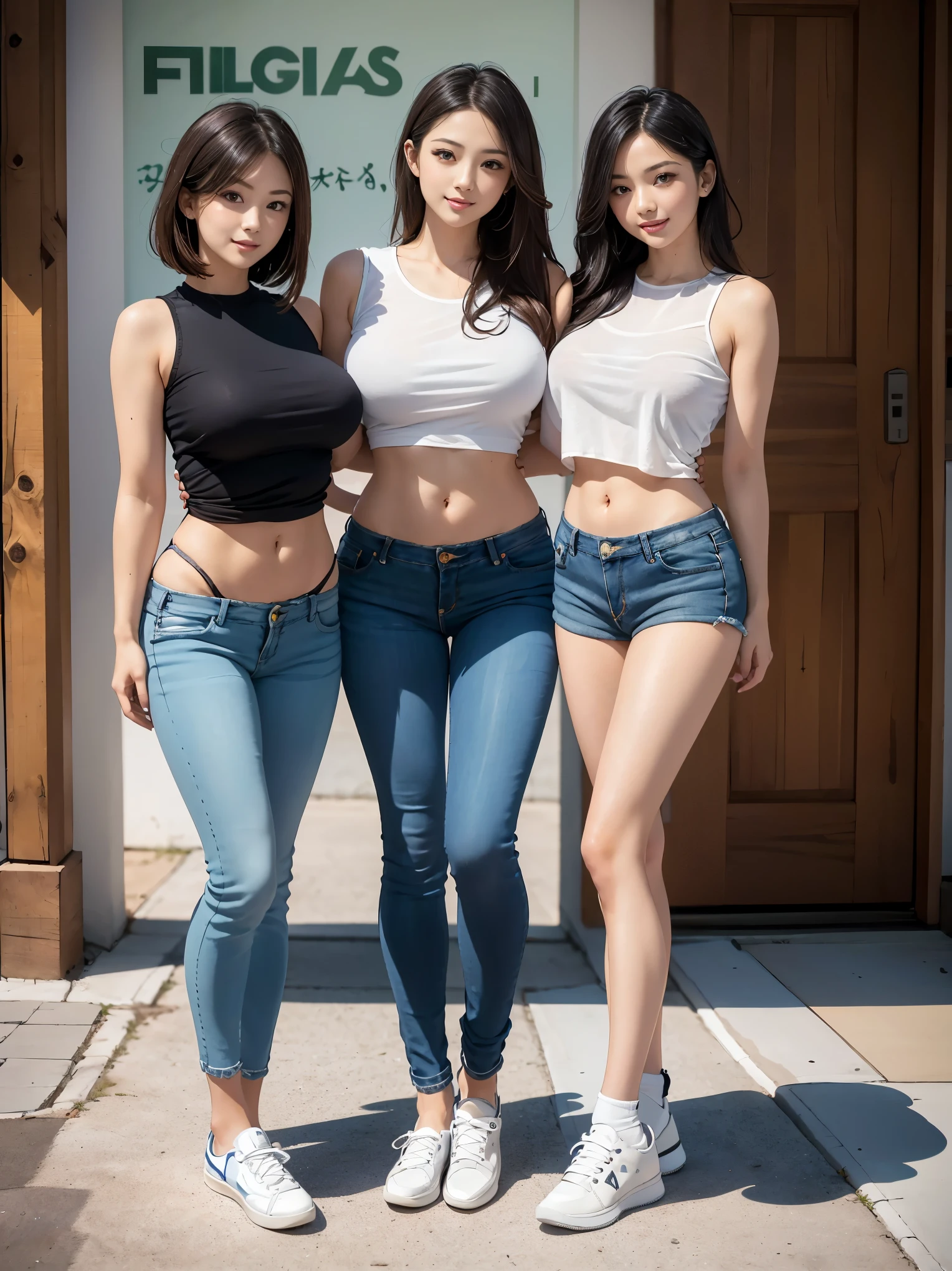 (Best Quality, Masterpiece, Photo realistic, Ultra Detailed, ultra high res, raw), (4 girls, group shot), pretty, Japanese, smile, bangs, double eyelids, (big breasts:1.3), (long hair| medium hair| short hair), (LowriseXL, LowwaistXL, groin), sleeveless T-shirt, skinny jeans, (opening jeans, panties:1.5), navel, (sneaker, beautiful legs, full body:1.3), main street,