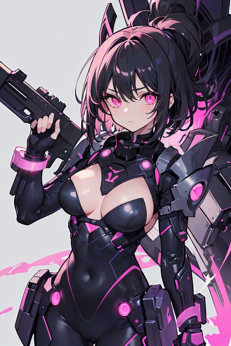 ((1 girl)), Dark circles in the eyes, Untidy face, Cybertechware, Big Firearms, Additional parts for large mechas, Cowboy Shot,((Very detailed,highest quality, High resolution, fell, Sloppy, Lazy and slothful,Apathy, 8k wallpaper, Beautiful clothes,)),((Black Hair, Shortcuts,Messy Hair)), eye shadow, eyeliner,Glow Eye, Very detailedな目, Beautiful Eyes, ((Glowing pink eyes)), 18-year-old girl