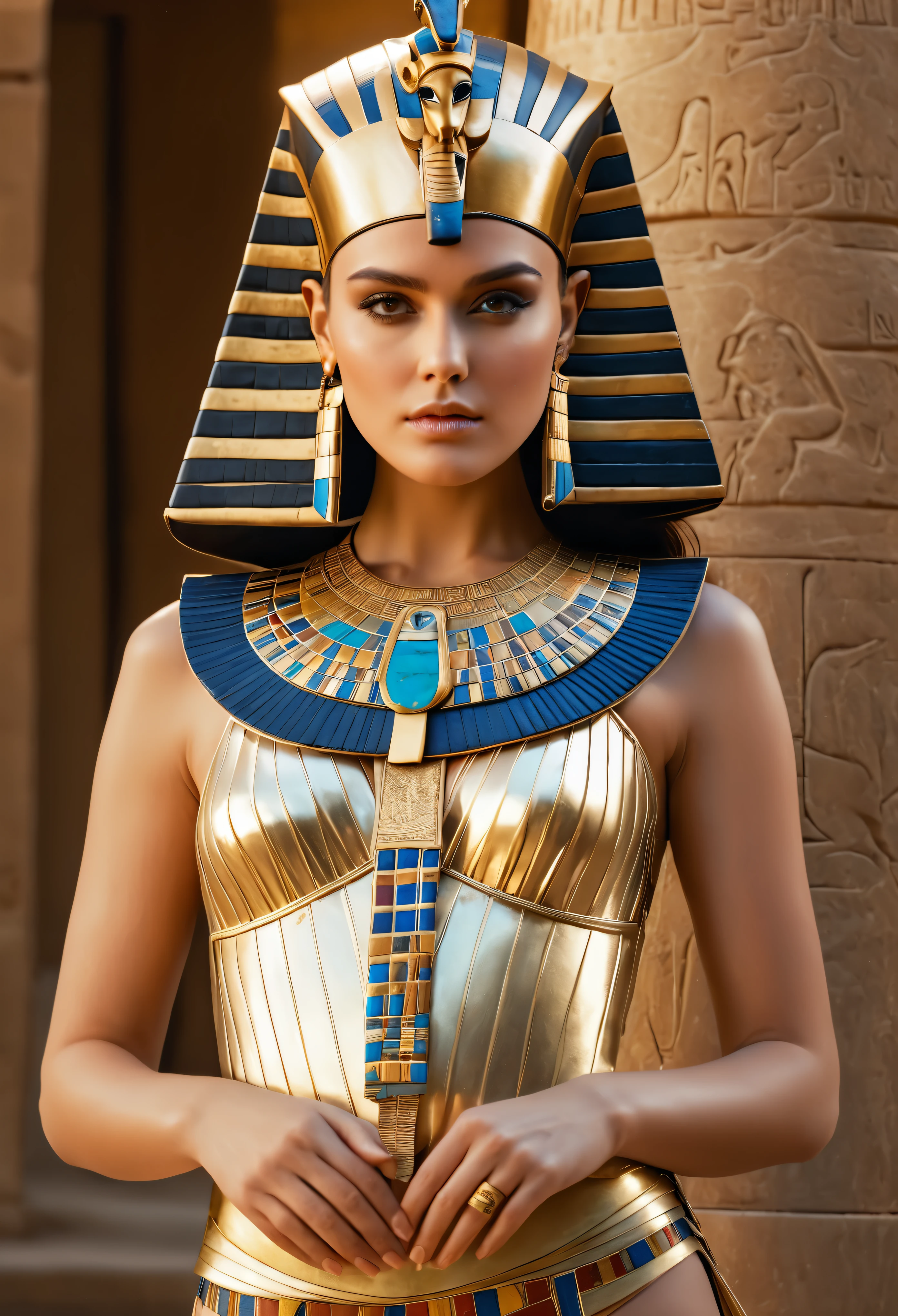 Cinematic portrait, professional cinematography, a close up of a woman in a gold outfit with an egyptian mask, beautiful cleopatra, insane details, egyptian princess, cinematic goddess close shot, cleopatra, extremely beautiful lady, cinematic goddess body shot, cleopatra portrait, goddess, stunning beauty, extremely high detail, egyptian, cleopatra in her palace, cinematic goddess shot, egyptian style, extremely detailed goddess shot, beautiful goddess, Keira Knightley as egyptian, Keira Knightley gorgeous and beautiful pharaoh, portrait of cleopatra, uhd, 8k, 32k, sharp, intricate, highly detailed, detailed Beauty,hdr, cinematic vision, flawless picture, ancient Egypt environment in background