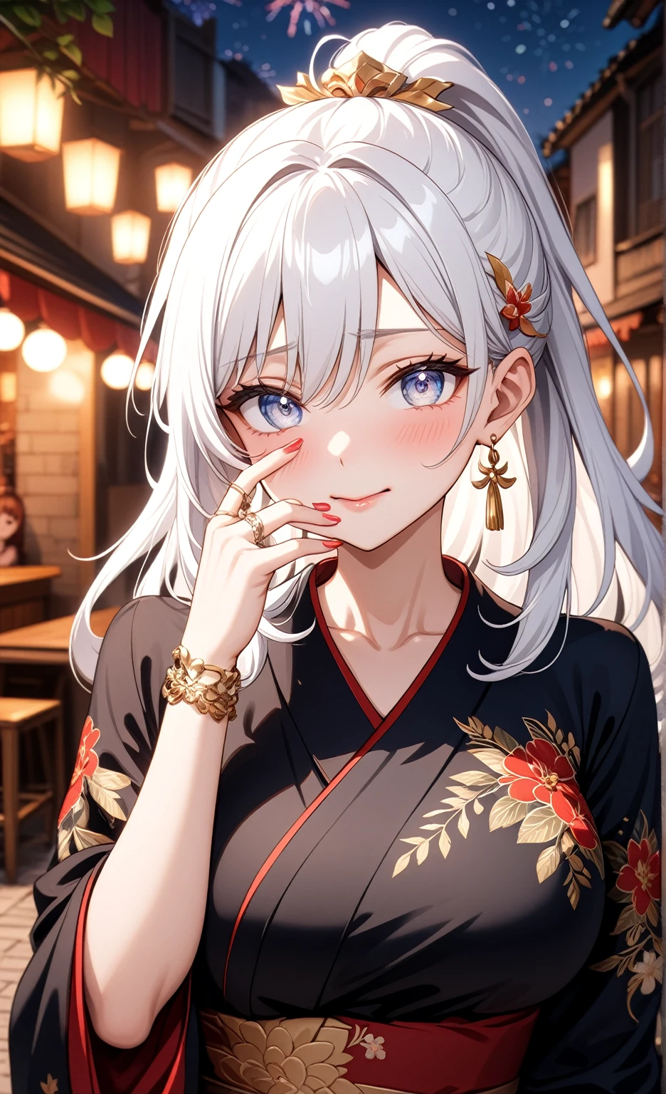 ((one personの女性)), Beautiful Face,(a woman covering her face with her hand in embarrassment. She is partially hiding her face with one hand and blushing shyl),(Bright red cheeks:1.3),Laughing embarrassedly,Glossy pink lips,Cinema lighting,night,Outdoor tavern,firework,((Anime style background)),masterpiece, highest quality, so beautiful, Latest, Complex details, (Pink long nails),(ring),(bracelet),AI-generated, Complex,High resolution, highest quality, super high quality,3D Images、View your viewers、3D Images,one person,Long white hair,High Ponytail,(blue eyes),Anime woman posing for a photo, ((Fine grain、Silvery white colorful eyes、Shining Eyes:1.3)),(Squint your eyes:1.1),a hyperRealistic , hyperRealistic , Realistic,Anime woman with long and white hair, Smooth anime CG art, A woman in a colorful kimono with gold embroidery, (Black kimono),Red floral pattern,Long flower hair ornament,Big earrings,Mature Body,(Big Breasts:1.1),Tall,Fine details,Narrow waist,(Face close-up:1.3), 