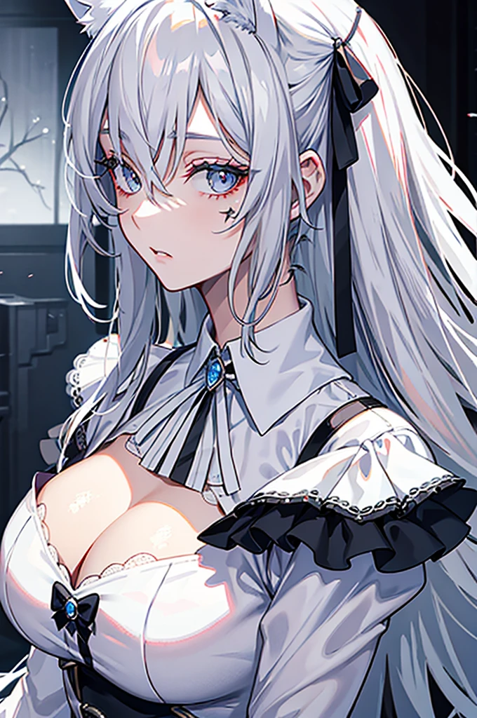 best qualtiy，tmasterpiece，The is very detailed，4K，Gray hair and shallow eyes，Drag cool expressions，Wolf ears，Erect scar on the left eye，British style，1girl，Absolutely beautiful, big bust, white costume, ear ribbon