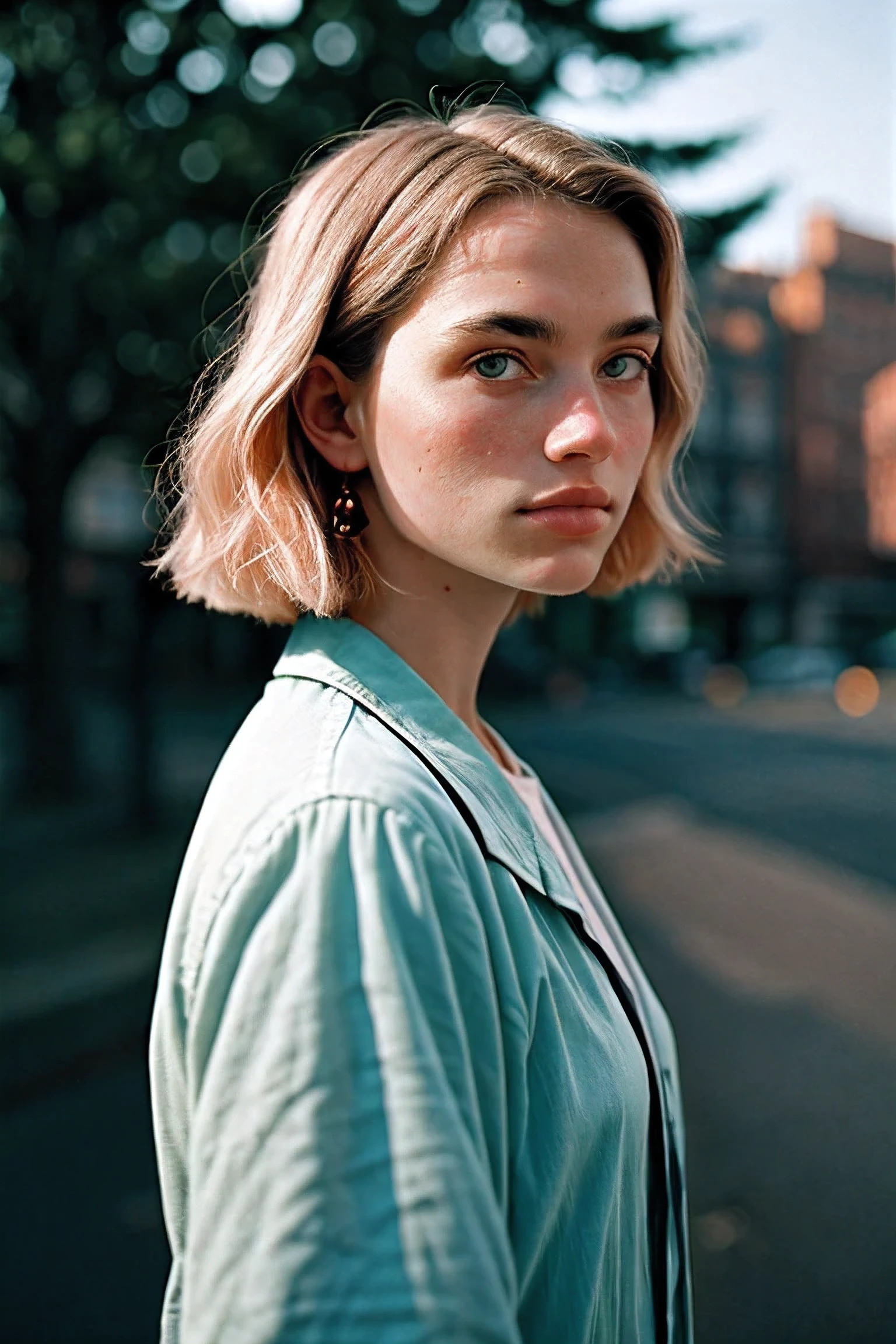 Portrait, shot on Leica, shadowplay, gorgeous lighting, subtle pastel hues, outdoors