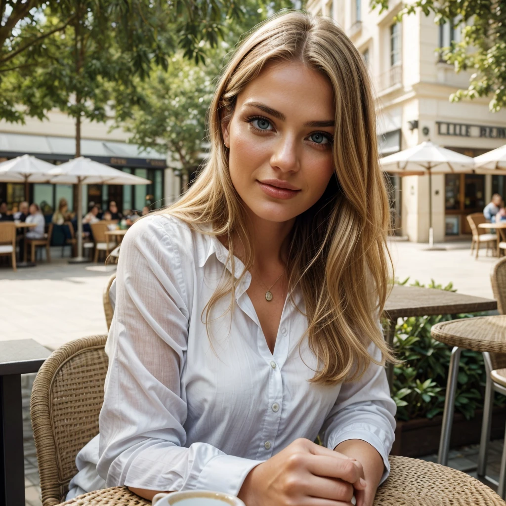 Beautiful white woman sitting in a cafe