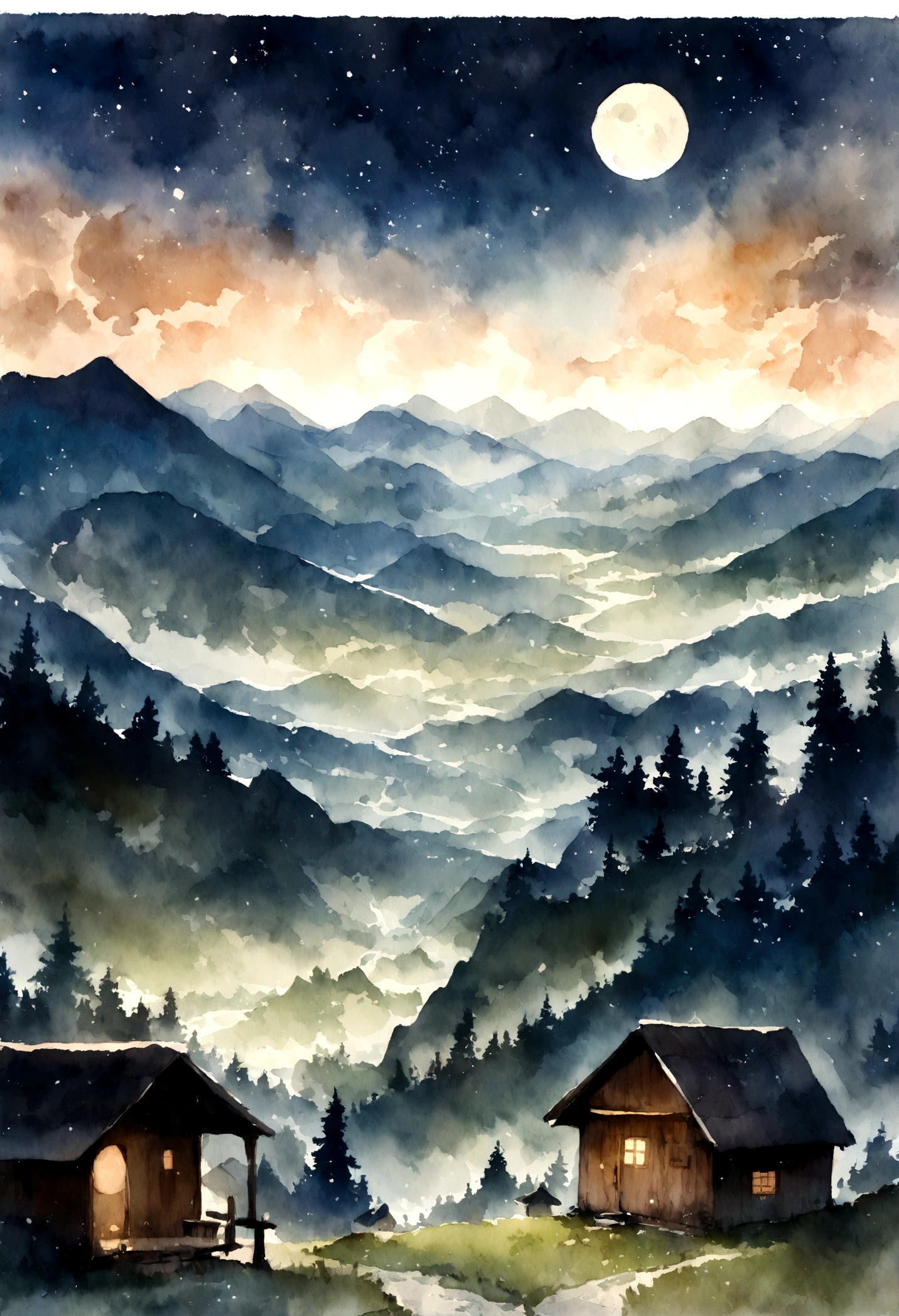Mountains, Valley, moon, stars, small huts, Watercolor