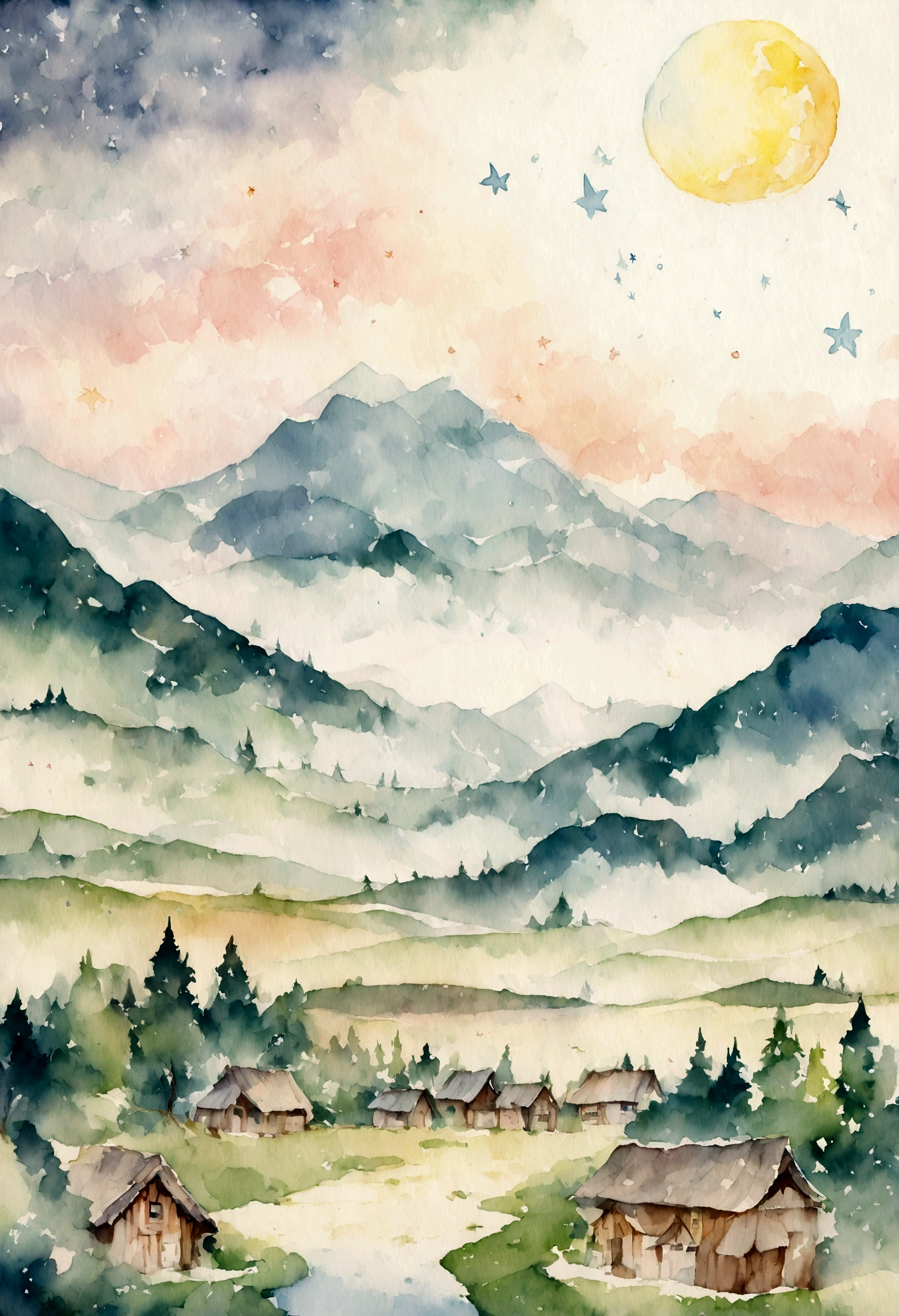 Mountains, Valley, moon, stars, small huts, Watercolor