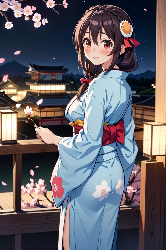 (masterpiece, highest quality), One girl,    Yunyun,Long Hair,Braiding,Twin tails,Hair between the eyes,Hair Ribbon,hair ornaments,Big Breasts,(Japanese light blue kimono:1.2),Red Eyes、(The best smile)、(blush:1.5)、cherry blossoms、Slit in kimono、Look back