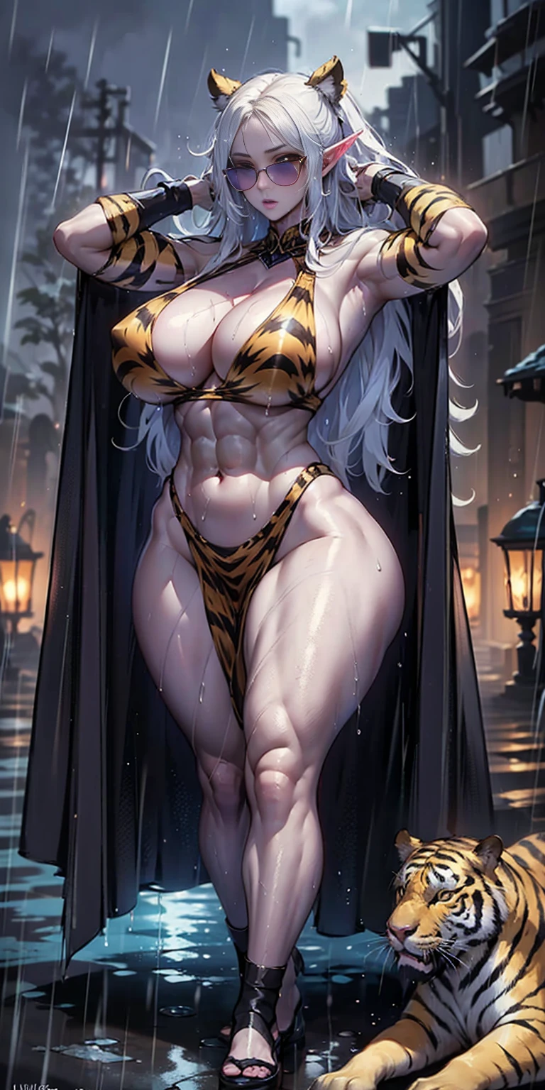 Full body, masterpiece, 1solofemale drow elf purple skin standing pose (yellow tiger bikini) red cape, red bikini, long white hair, strong body, abs, Ultra Quality, shiny skin, Atmospheric, 8K, Cinematic ((Street background)) BREAK, sunglasses (wet rainy, wet by rain, wet body :1.2) ultra-detailed face, detailed lips, detailed eyes, double eyelid, sensual low-necked dress, open neckline, hanging breasts, side pose, visible curves, pool, poolside, red transparent robe, sunglasses, muscular turned leg