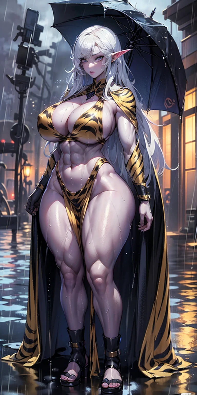 Full body, masterpiece, 1solofemale drow elf purple skin standing pose (yellow tiger bikini) red cape, red bikini, long white hair, strong body, abs, Ultra Quality, shiny skin, Atmospheric, 8K, Cinematic ((Street background)) BREAK, sunglasses (wet rainy, wet by rain, wet body :1.2) ultra-detailed face, detailed lips, detailed eyes, double eyelid, sensual low-necked dress, open neckline, hanging breasts, side pose, visible curves, pool, poolside, red transparent robe, sunglasses, muscular turned leg
