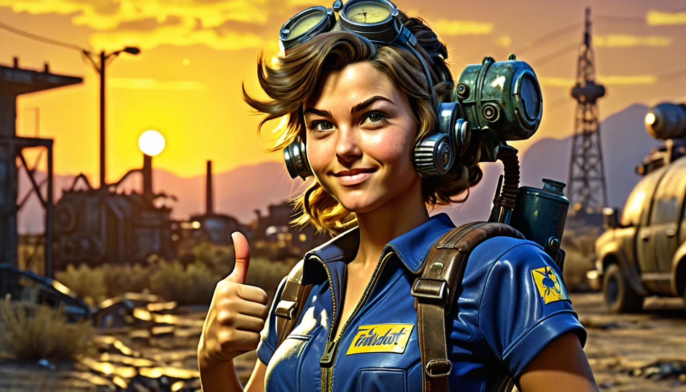 1girl, expressive eyes, wink, in fallout Vault-Tec jumpsuit with pip-boy 3000 , thumbs up pose, wasteland in sunset and nuclear bomb explosion with mushroom cloudin background, detail richness, masterpiece, best quality, fallout style