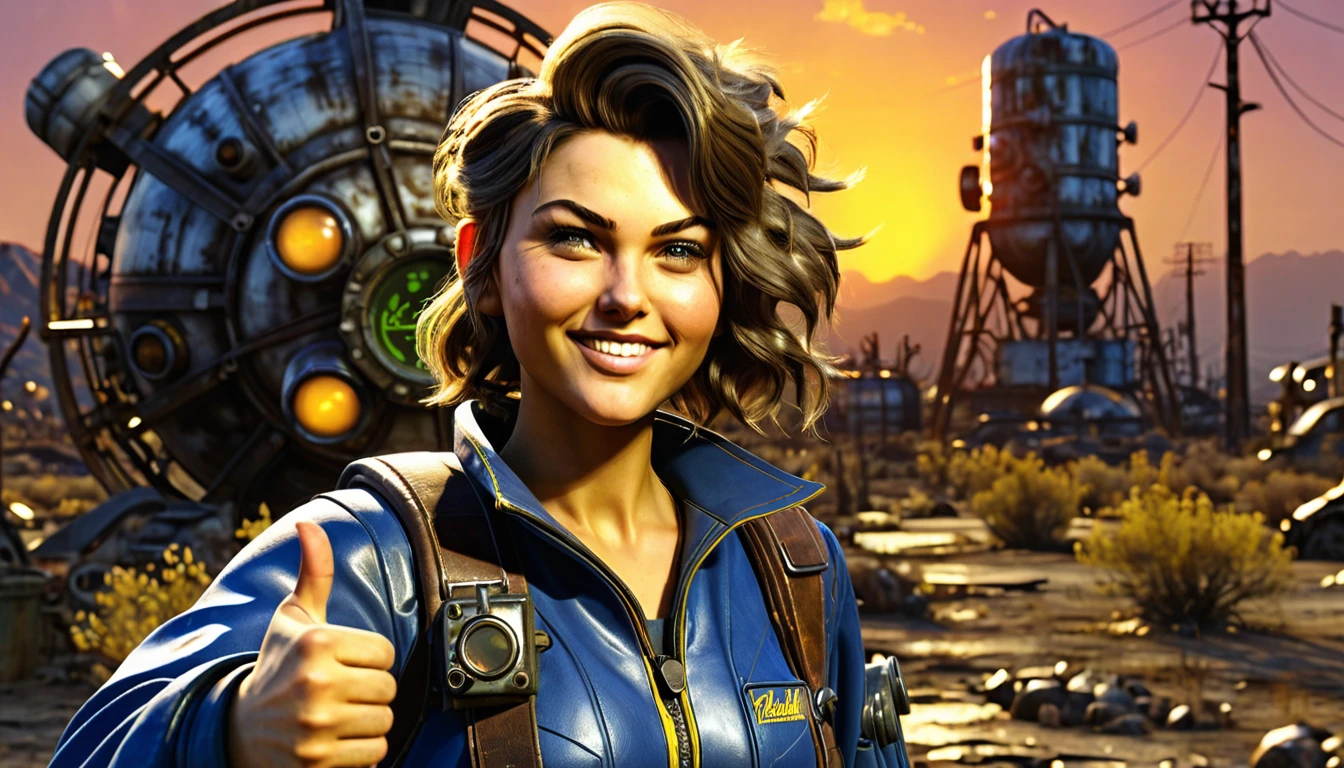 1girl, expressive eyes, wink, in fallout  Vault-Tec jumpsuit with pip-boy 3000 , thumbs up pose, wasteland in sunset and nuclear bomb explosion with mushroom cloudin background, detail richness, masterpiece, best quality, fallout style