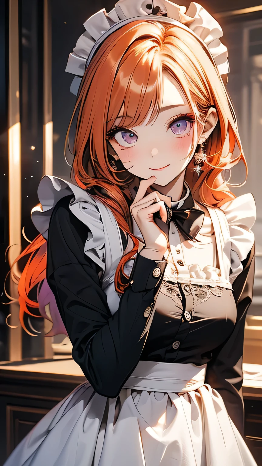 masterpiece, highest quality, One girl, Super Detail, Purple eyes, Orange Hair,Maid Headdress, Maid,