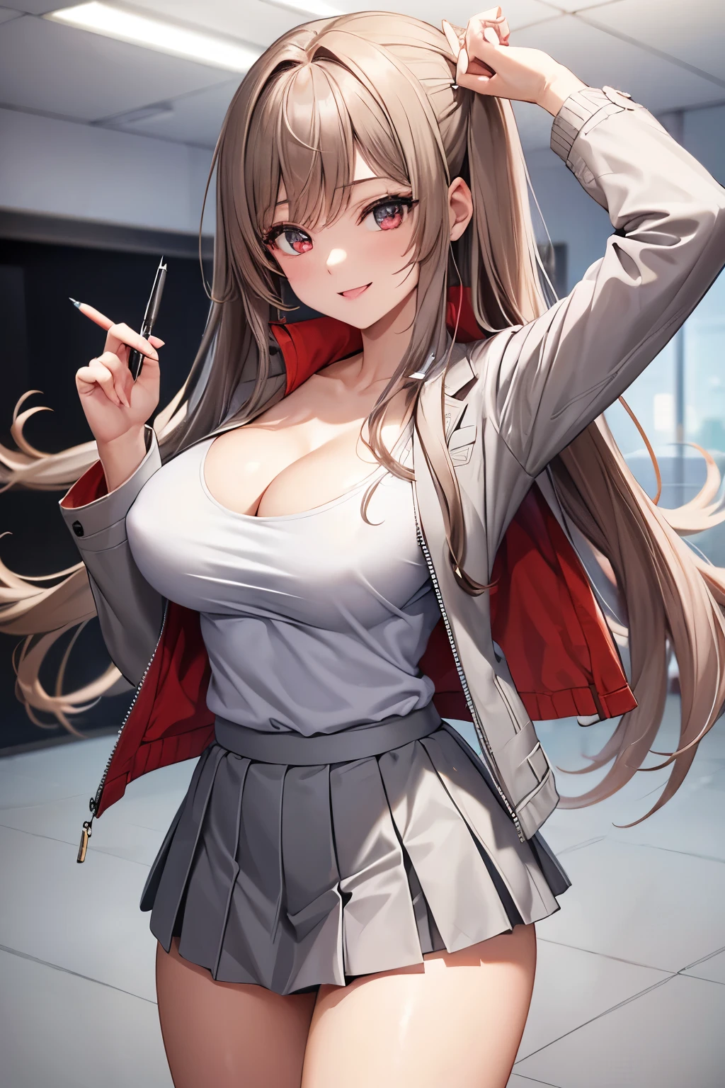 Game , goddess of victory nikke, Rapi , light brown hair,  alluring eyes ,beautiful face , crystal red eyes ,  long hair, ((grey  suit jacket:1.2)) , (( grey pensil skirt:1.2)), ((white T-shirt)), cleavage,g cup breast, slender waist, bewitching thighs, five fingers each hand, two hand ,two leg , at office, alluring poses , beautiful smile, cowboy shot

