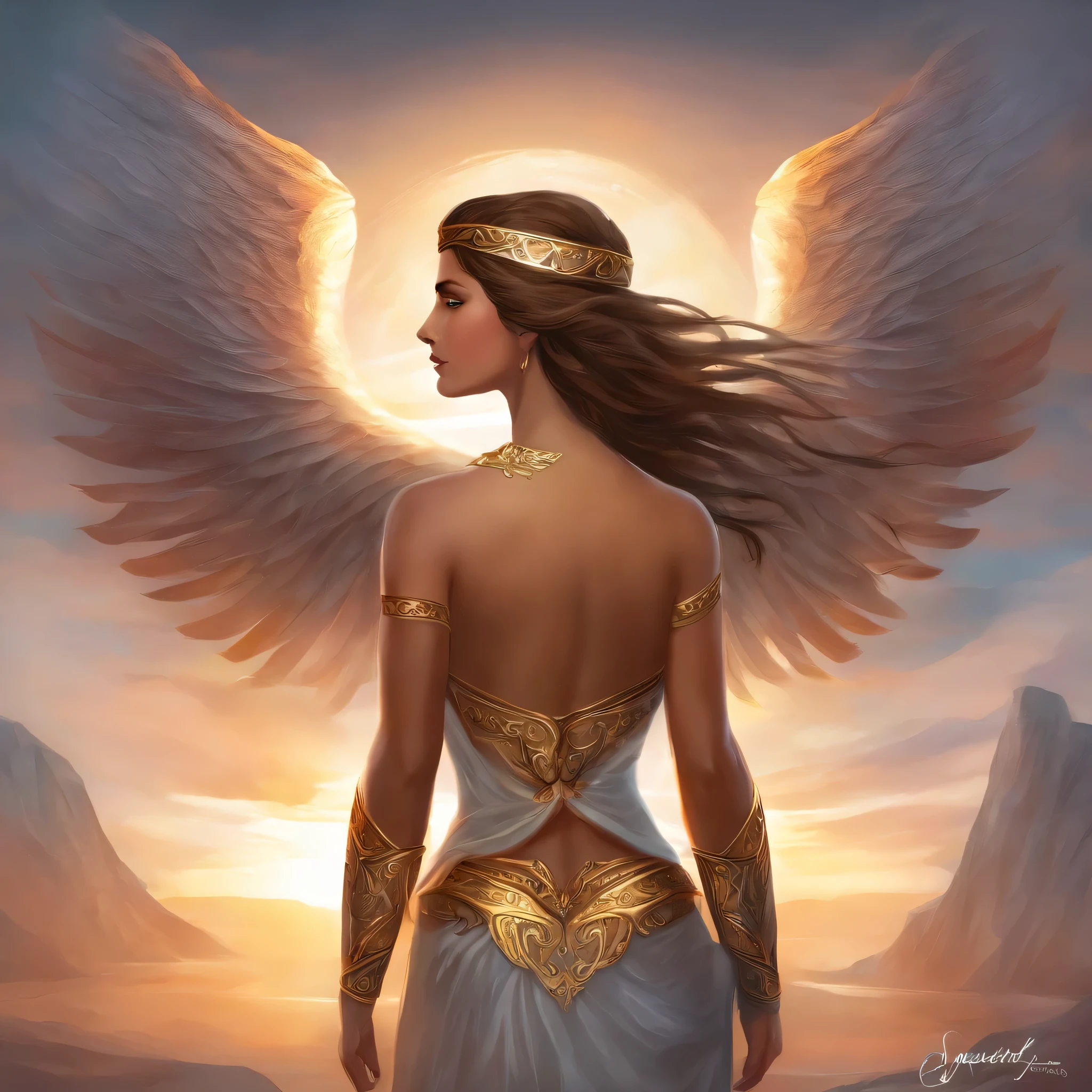 The Goddess Athena, a beautiful divine greek warrior and sensual woman with brown hair and fierce gray eyes. She is showing her beautiful ass and looking back. View from behind.  (NSFW)