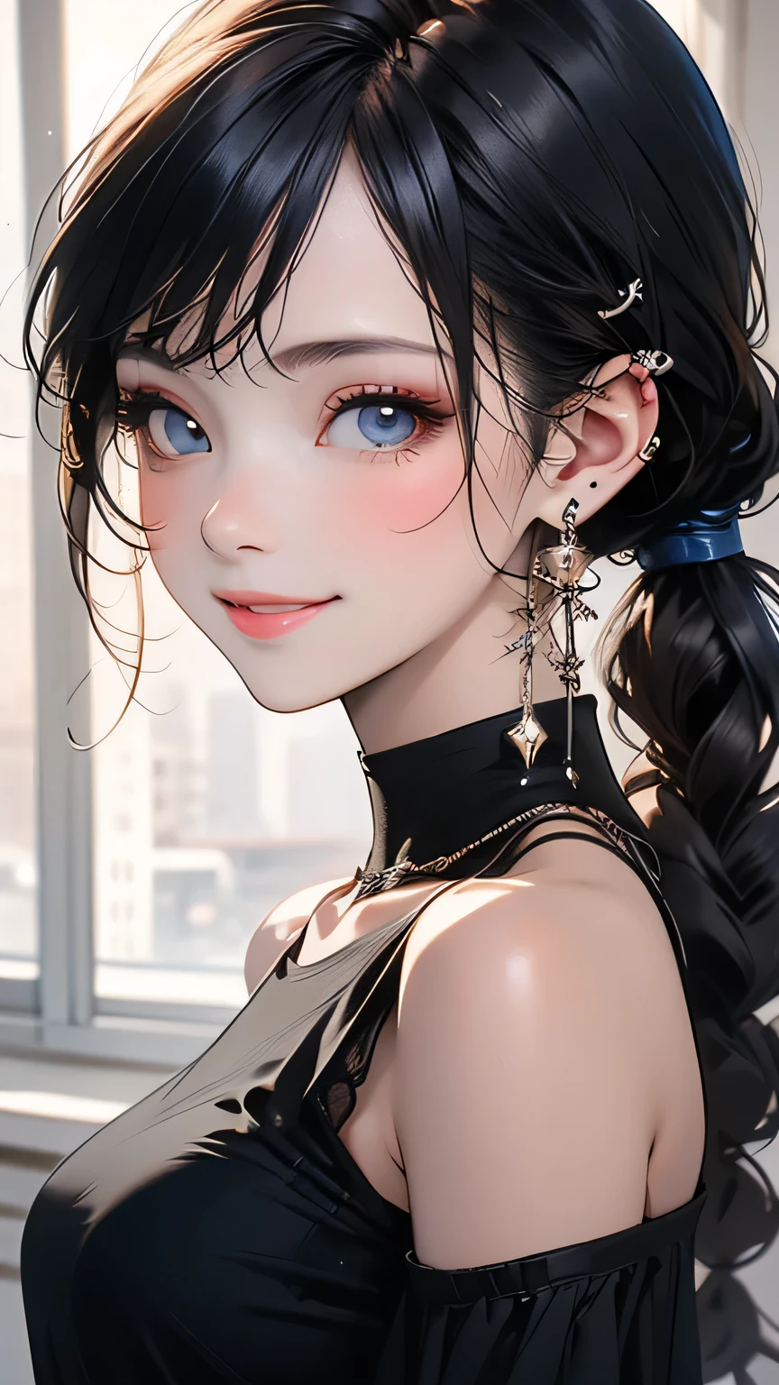 (highest quality), (masterpiece), (High resolution), (Intricate details:0.2),(Professional Lighting), room, Detailed Background, Oversized black t-shirt, Off the shoulder, (Previous View), One girl, alone, (Beautiful Face:1.40), The body is slim, Fine skin, smile, Long ponytail brown hair, Sky blue eyes, (Medium sized beast:1.10), View in viewer,