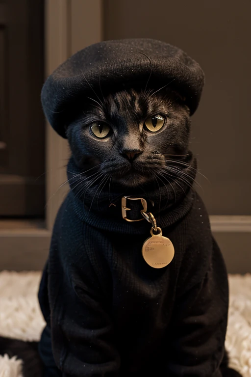 cat in a black sweater with a high collar and a black beret