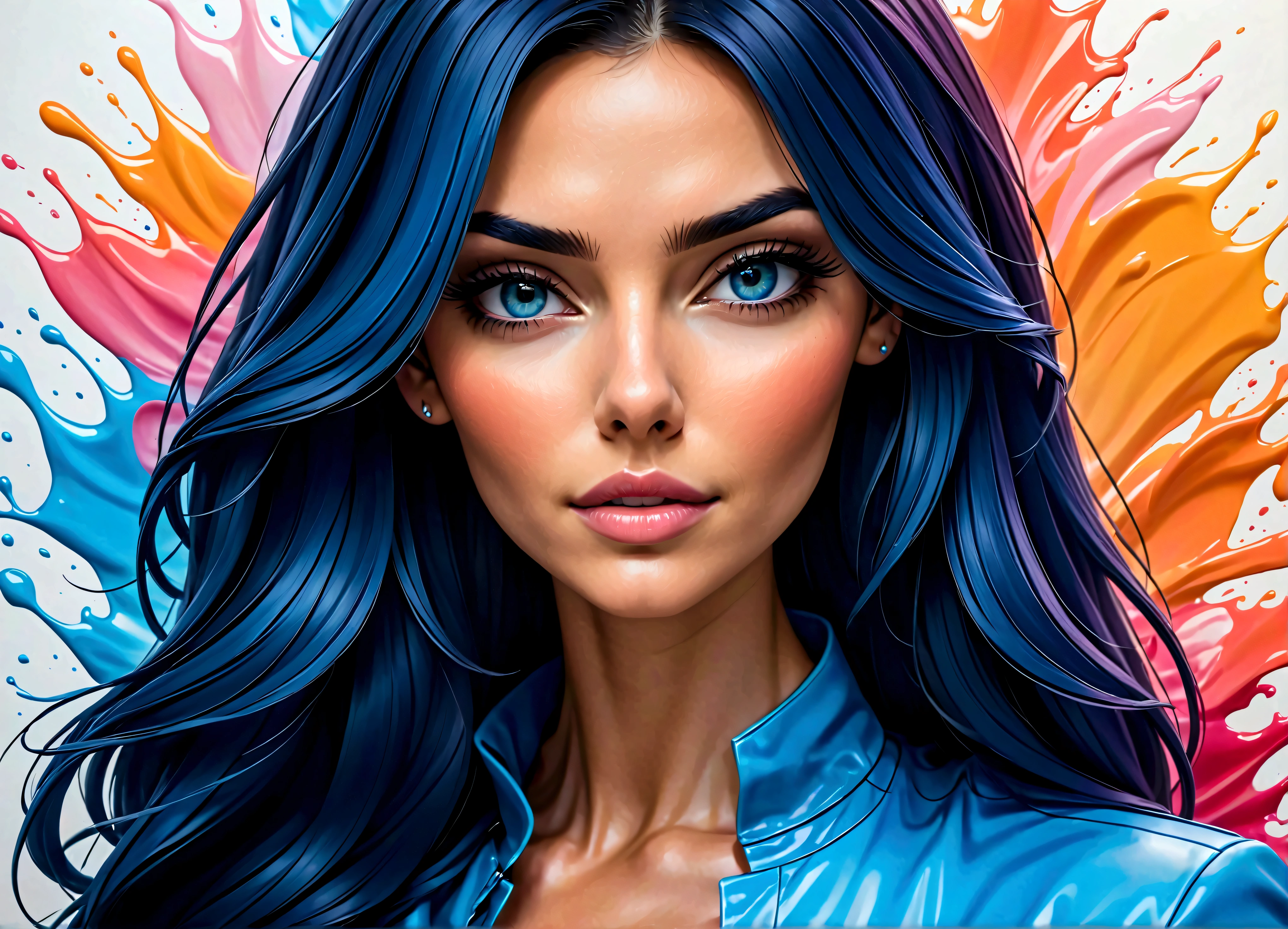 Uma linda mulher, highlighted in vibrant colors like a colored pencil drawing, tirando o cabelo do rosto. The woman is very well dressed in a mix of blue tones, rosa e laranja, com detalhes intrincados destacando suas vestes. All around her are splashes of color similar to watercolors., com flores e gotas de tintas..
