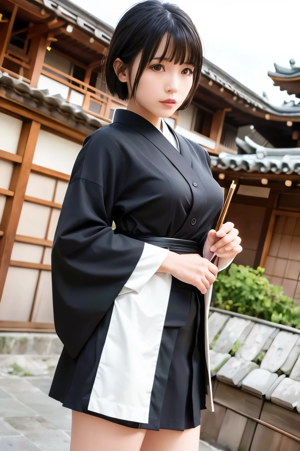 1girl, solo, looking at viewer, short hair, bangs, skirt, black hair, hair ornament, thighhighs, standing, outdoors, japanese clothes, kimono, blurry, black eyes, white thighhighs, sash, blurry background, floral print, realistic, architecture, east asian architecture,full_body,japanese