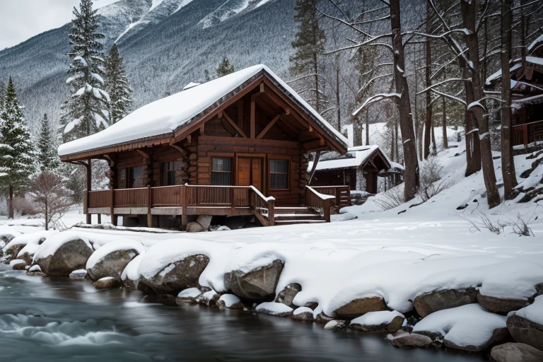 House in the Mountain, big river, stones with snow, sharp focus, insanely detailed, 8K. 50mm lens