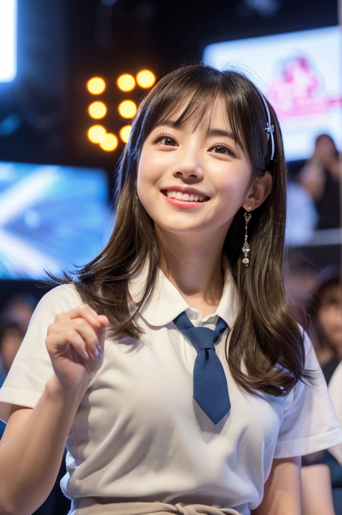 (high resolution、high quality、High resolution、detailed、8k、masterpiece)、ultra A high resolution、(Photorealistic:1.3)、RAW Photos、1 girl、Disheveled silvery-white long hair、Glowing Skin、((Ultra-Realistic Details))、Portrait、Global Illumination、Shadow、Octane Rendering、8k、Super sharp、Beautiful breasts、Beautiful Eyes、Bright colors、smile、Very complex detailed、Realistic Light、CGSoation Trend、Beautiful Eyes、Shining Eyes、Smile on your face at the camera、Neon detailed、20age、Mean、Small devil、Obscene、wide shot、full body、Healthy body shape、Cosplay、A little sexy、Moe、Super cute、Beauty、pure、Fall in love、Idol、The sunlight is gentle、A smile that will make any otaku swoon、intellectual、Mature look、Fluttering costumes、Rorish、Perform on stage、concert photography、Cute Core、(((Observe the audience)))、Idol、(Japanese、Beautiful contours、Beautiful Eyes、Cute eyes)、Sing on live stage、Singing scene、((Bright colors、school uniform)), Warm Light、(Anatomically correct)、(Perfect figure)、(Natural Hands、natural finger)、