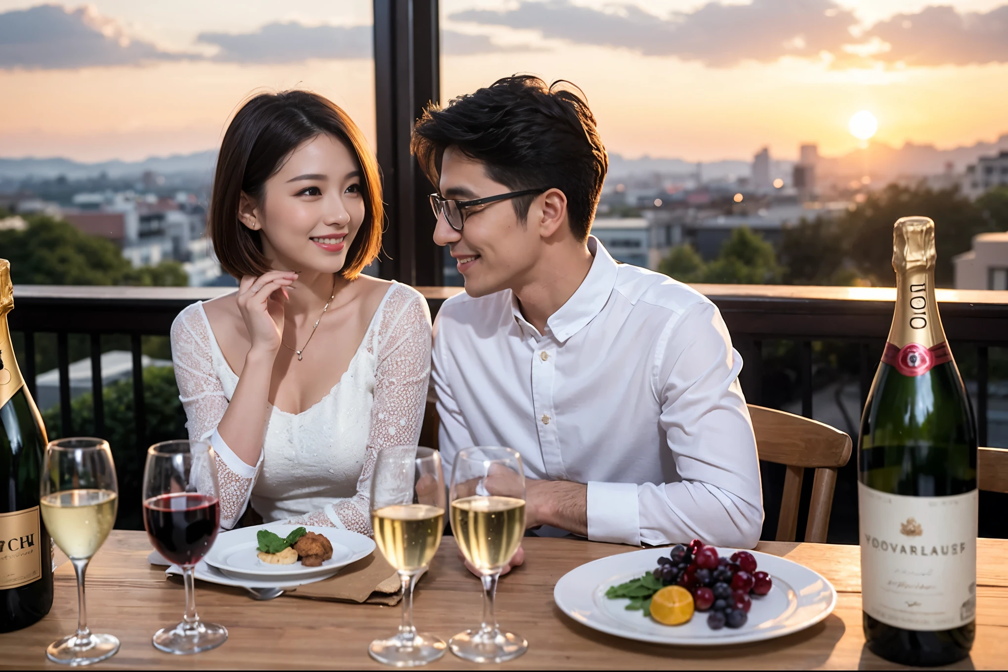 ((highest quality、8k、masterpiece:1.3))、lover、spouse、Beautiful couple、smile、full-course dinner、 (Slim face), (the body is スリム), (Brown Hair), (Short Hair), Wine glasses on the table、Amazing view of the sunset sky and clouds、 (Age 37), 39 years old, Wine bottle、Champagne、sparkling wine、Long sleeve shirt、dress、White wine, red wine, 