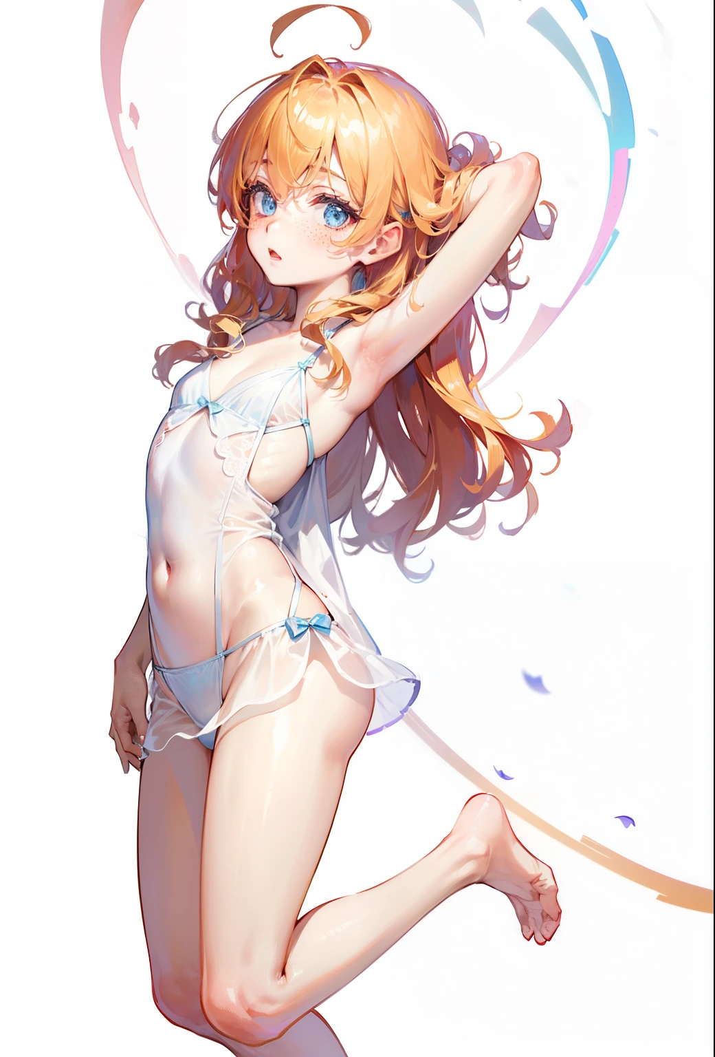 Dynamic posing, dynamic angle, Arrange pose,Top quality work,Show Legs,sexy, ((wavy hair, pale skin, long light ginger hair),((light blue eyes)), freckles, , Rose cheeks, Pretty cute Face, A perfectly proportioned face,full-body view, amazing, small round chest、Beautiful eye details、Beautiful eyelashes、beautiful double eyelid, with blush cheeks, transparent nightwear