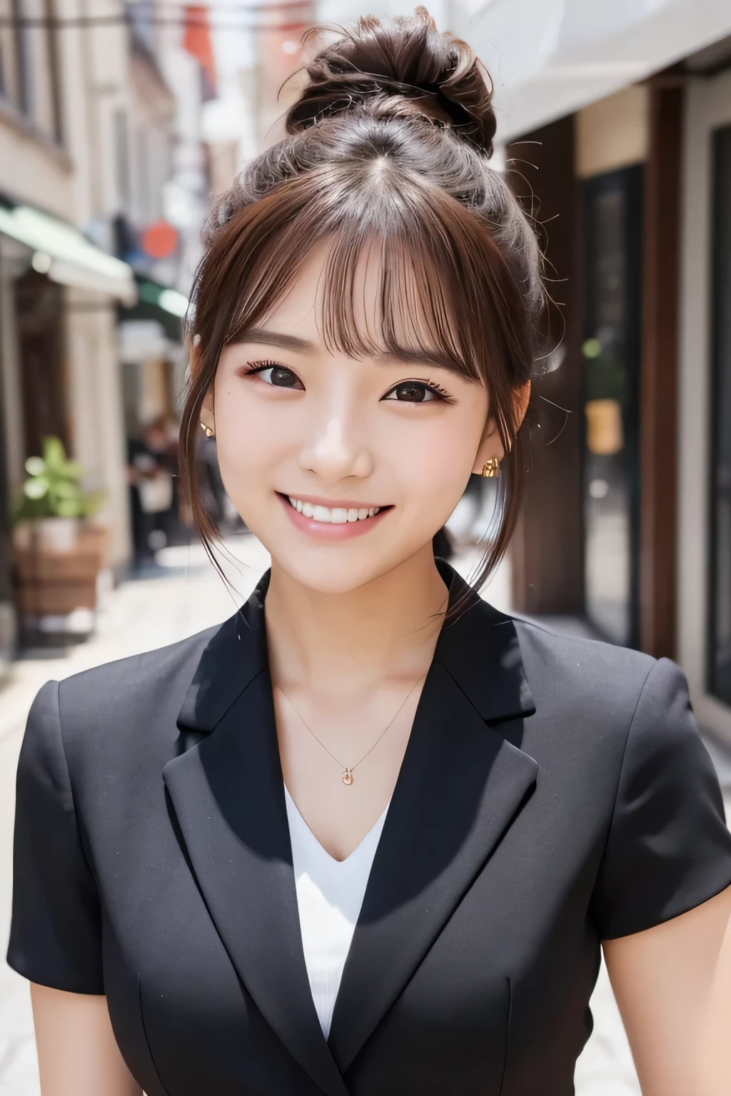 young woman、 Korean women、Brown Hair、Hairstyle bun、ear piercing、、Black business suit、smile、Beautiful teeth alignment、Intricate details, Very detailed:1.2), 、 Looking into the camera,The background is the town、