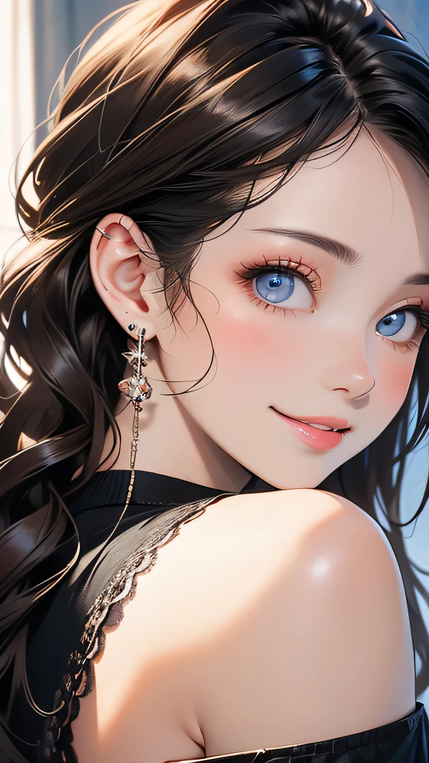 (highest quality), (masterpiece), (High resolution), (Intricate details:0.2),(Professional Lighting), room, Detailed Background, Oversized black t-shirt, Off the shoulder, (Previous View), One girl, alone, (Beautiful Face:1.40), The body is slim, Fine skin, smile, Long ponytail brown hair, Sky blue eyes, (Medium sized beast:1.10), View in viewer,