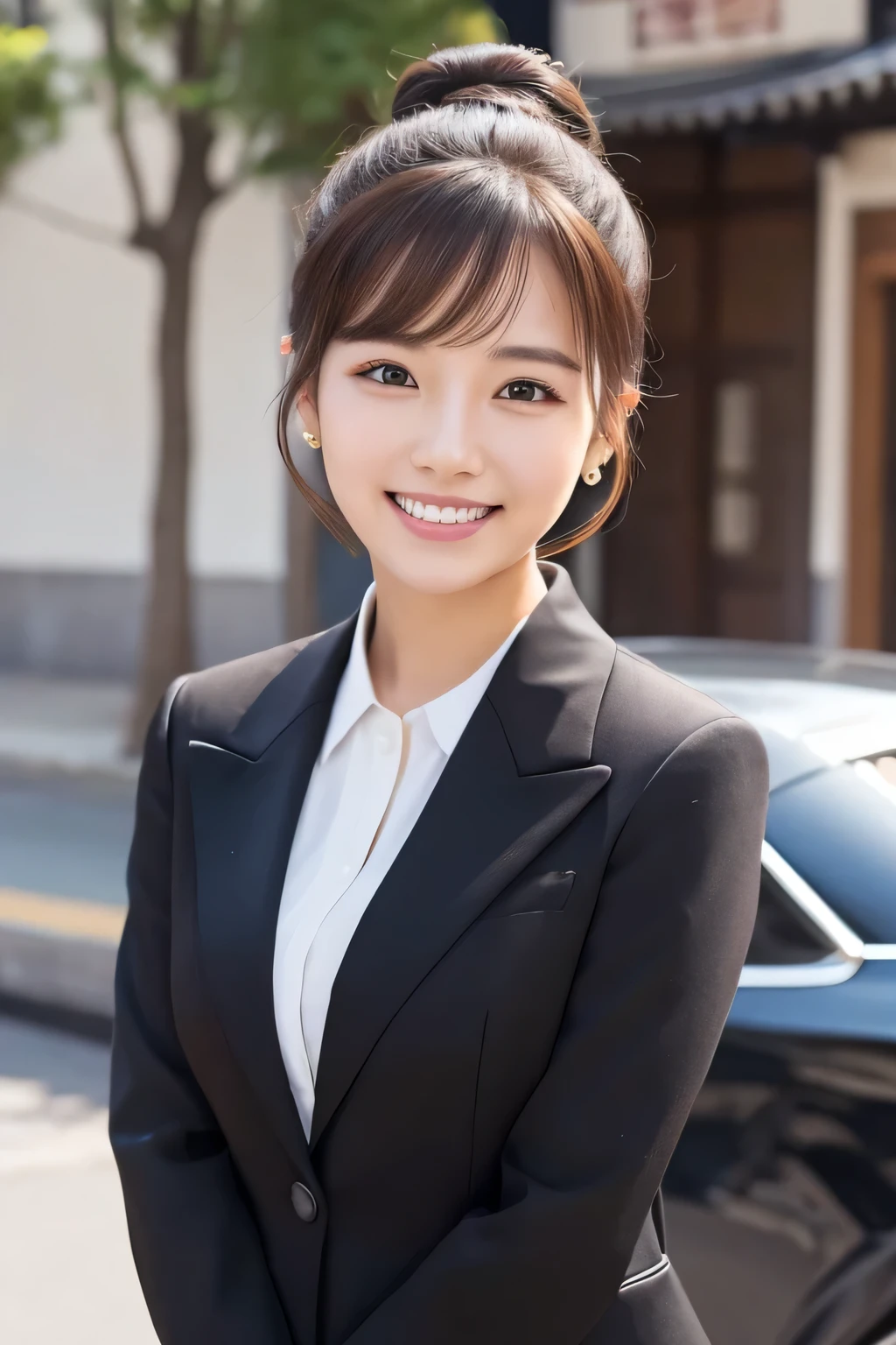 young woman、 Korean women、Brown Hair、Hairstyle bun、ear piercing、、Black business suit、smile、Beautiful teeth alignment、Intricate details, Very detailed:1.2), 、 Looking into the camera,The background is the town、