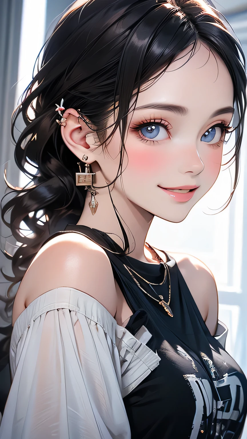 (highest quality), (masterpiece), (High resolution), (Intricate details:0.2),(Professional Lighting), room, Detailed Background, Oversized black t-shirt, Off the shoulder, (Previous View), One girl, alone, (Beautiful Face:1.40), The body is slim, Fine skin, smile, Long ponytail brown hair, Sky blue eyes, (Medium sized beast:1.10), View in viewer,