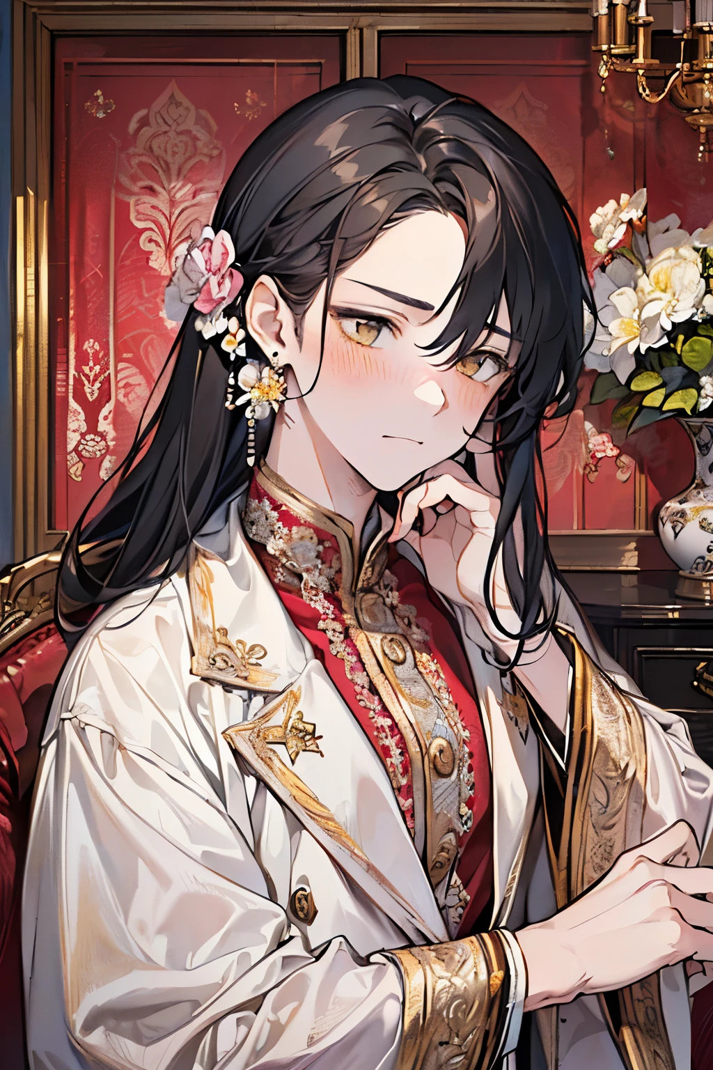 ((17years old man:1.3)), masterpiece, best quality,black hair, (half up and half down hair:1.1),(portrait),white dress,(pop and cute flower pattern background), (perfect hands),(,yellow,white),looking front,((Large and gorgeous earrings:1.1)),(Blushing and looking embarrassed and surprised:1.35),((upper body)),((A room with luxurious antique furniture:1.2)),(hand to own cheek:1.4)