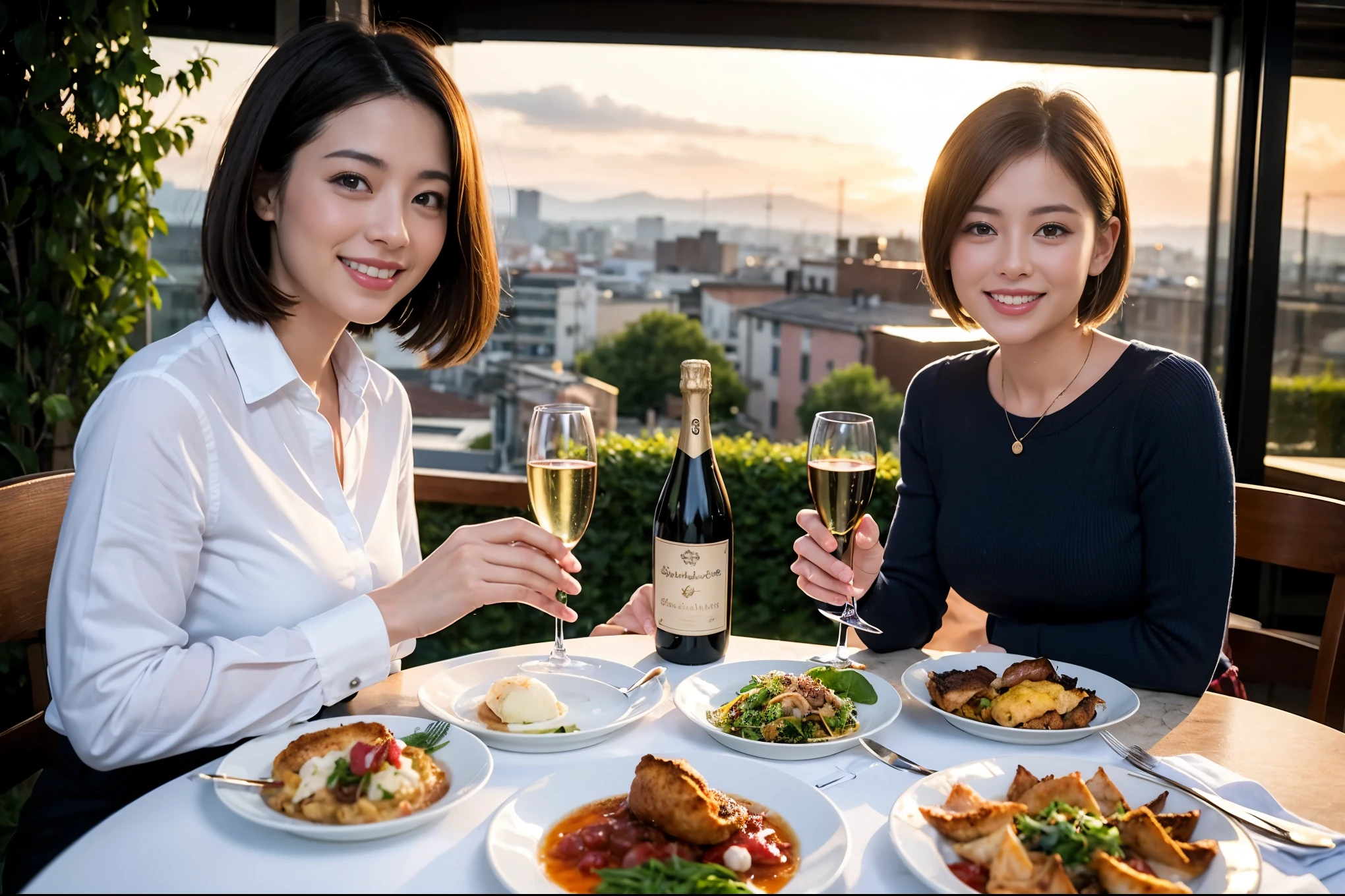 ((Highest quality、、masterpiece:1.3))、1 male 1 female、Slim lovers、Beautiful couple、Japanese couple、smile、 (Slim face), (the body is スリム), (Brown Hair), (Shortcuts), ((Bob Hale、Straight hair:1.2)), Full course dinner on the table、wine glass、Please shine a light on my face、 Amazing view of the sunset sky and clouds、smileの美しさ、Bright image、Blushing, Shortcuts,Bright Face、 43 years old,39 years old, red wine 、Appetizers、Italian food、Wine bottle、Champagne、sparkling wine、Long sleeve shirt、dress、Attractive beauty、restaurant, Nova Frog Style, actress, model, Upper Body, White wine, red wine, wine glass, 