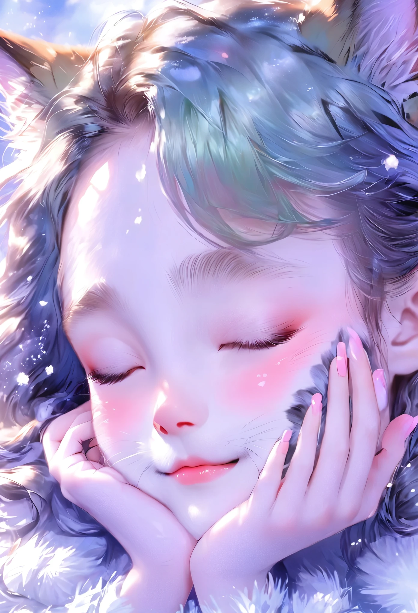 Face close-up,(Paw Paws),(((Perfect hands))),(Close your eyes and laugh),
