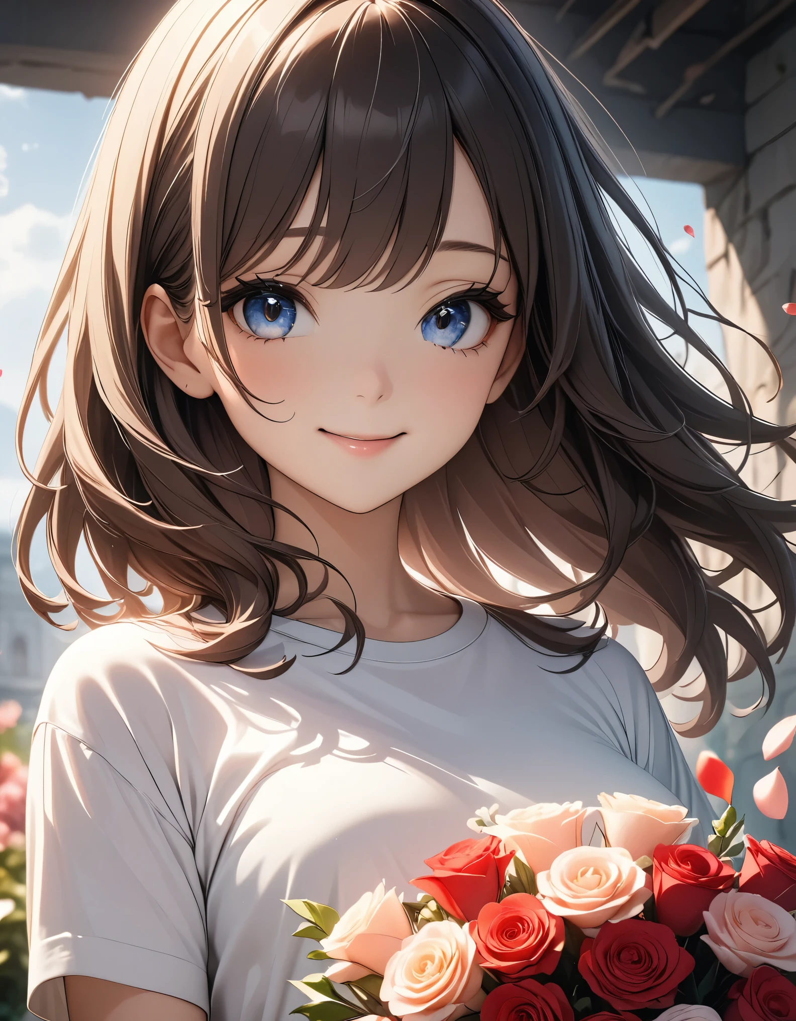 Middle view, Medium shot, Shallow depth of field, Broken into pieces, Upper Body, angle, masterpiece, best quality, Super detailed, CG, 8k wallpaper, Pretty Face, Exquisite eyes, A girl, Solitary, Smile, Bangs, shirt, skirt, petal, bouquet