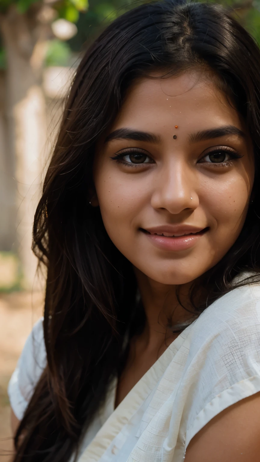 a beautiful indian girl, cute smile, outdoor, girl, 1girl, detailed face, beautiful detailed eyes, beautiful detailed lips, extremely detailed eyes and face, long eyelashes, detailed skin, flowing hair, natural lighting, soft lighting, colorful, vibrant colors, warm color palette, ambient occlusion, depth of field, photorealistic, hyper detailed, 8k, high quality, masterpiece