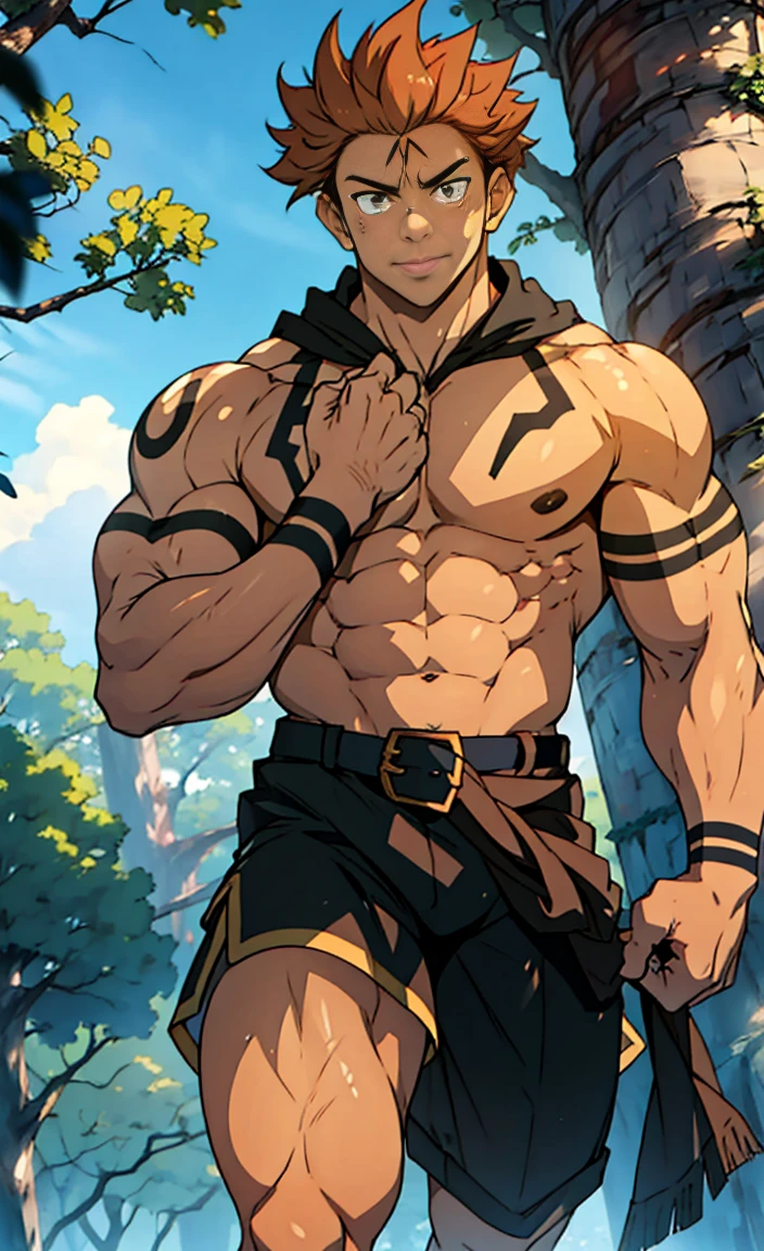 (canto da foto de baixo para cima) (imagem da mais alta qualidade) Lion man ,real, jovem, , vestindo shorts, virilha saliente, imagem de anime, Leaning against a tree, pernas bem abertas, male face, bonito rosto jovem, cabelo subcortado, huge muscle muscles of the chest, large strong thigh muscles, Biceps Sinewy muscles, Corpo enorme, corpo tonificado devido ao treinamento intenso, Well-developed muscles, ABS transparente de 8 embalagens, 3 metros de altura, topless, , pele brilhante, rede de suor pingando, hands on thighs, bare feet, Sem barba