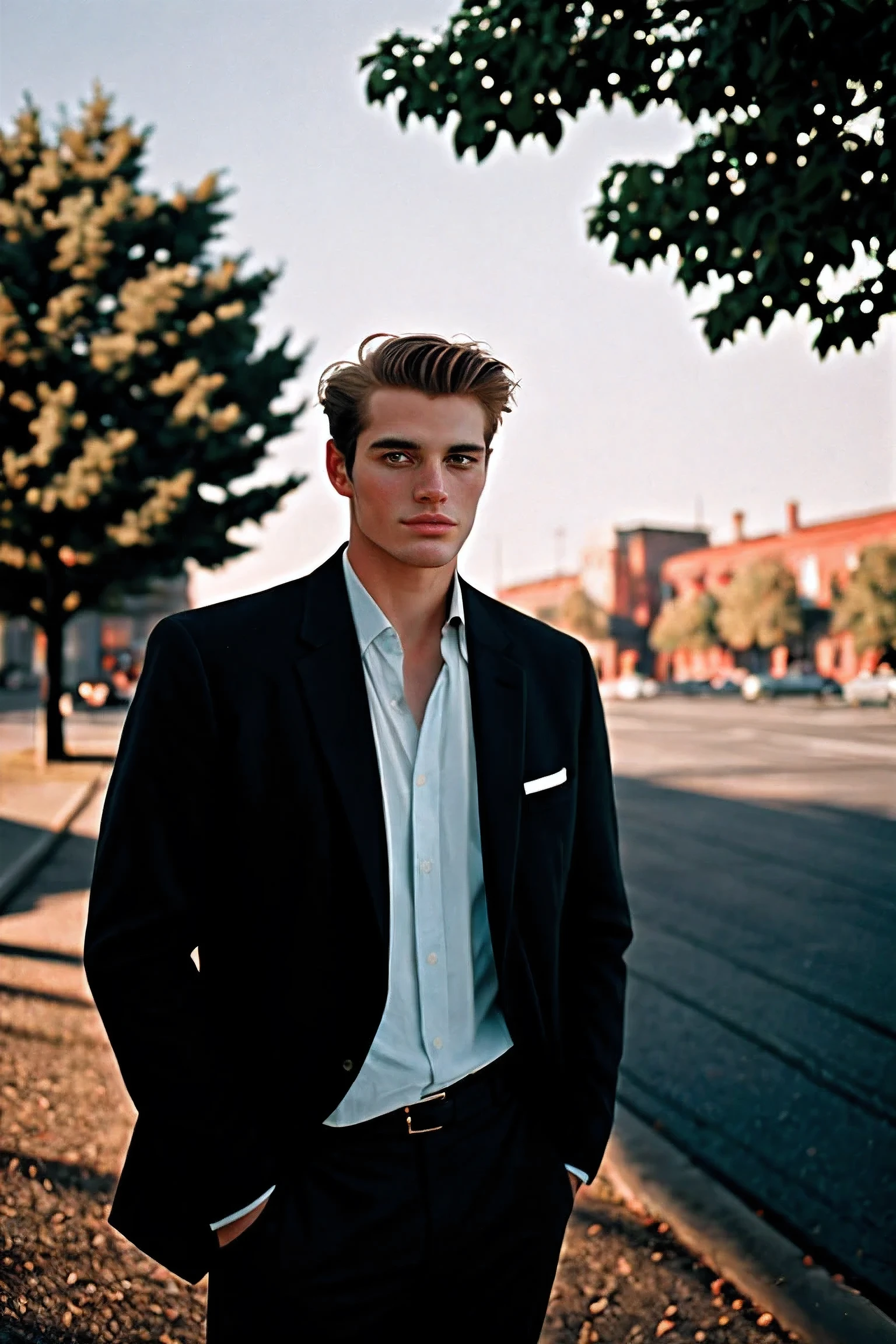 Portrait of handsome men, shot on Leica, shadowplay, gorgeous lighting, subtle pastel hues, outdoors
