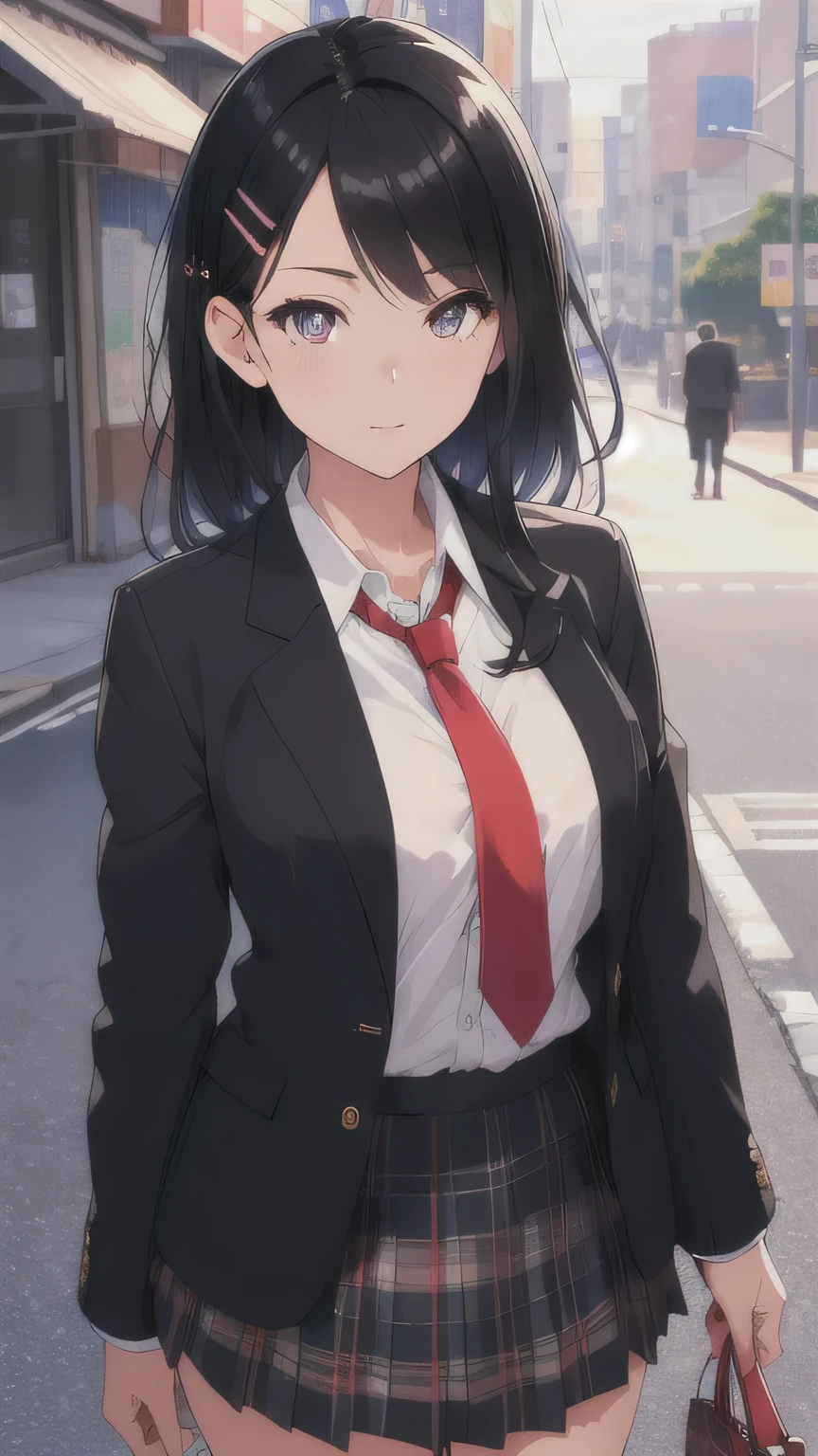black hair, hairclip, sparkle, pov, anatomically correct, high details, highres, high quality, textured skin, masterpiece, accurate, perfect detailed eyes, perfect detailed face, ultra-detailed nose, Japanese high school girl, blazer, plaid skirt, white shirt, red tie, (on street:1.3)