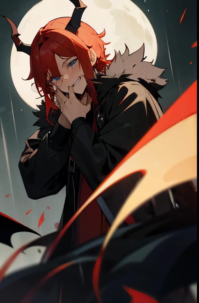 Demon King,young male,short red hair,blue eyes,black horned,black coat,smile,cry for,middle of the moon,Tears rolling down my cheeks,smileหัวเราะ,beard,Crying in the rain,Age 20, crying, crying, laughing, going crazy, mouth wide open, exposed to the rain, drama, standing and crying.