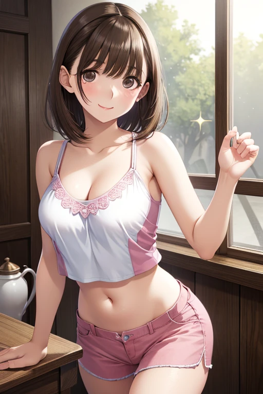 masterpiece, highest quality, masterpiece, highest quality, Super detailed,
anegasaki nene、Shiny brown hair, short hair, Beautiful brown eyes、smile、Sparkling eyes, (Fine grain)、Super detailedな目、Highly detailed face, Highly detailed eyes,


(masterpiece, highest quality), Intricate details,One girl,  Medium chest, Tank top, belly button, Cleavage, abdomen, clavicle, Shorts, pink Shorts, Dynamic pose, Cowboy Shot, View Viewer, indoor, 