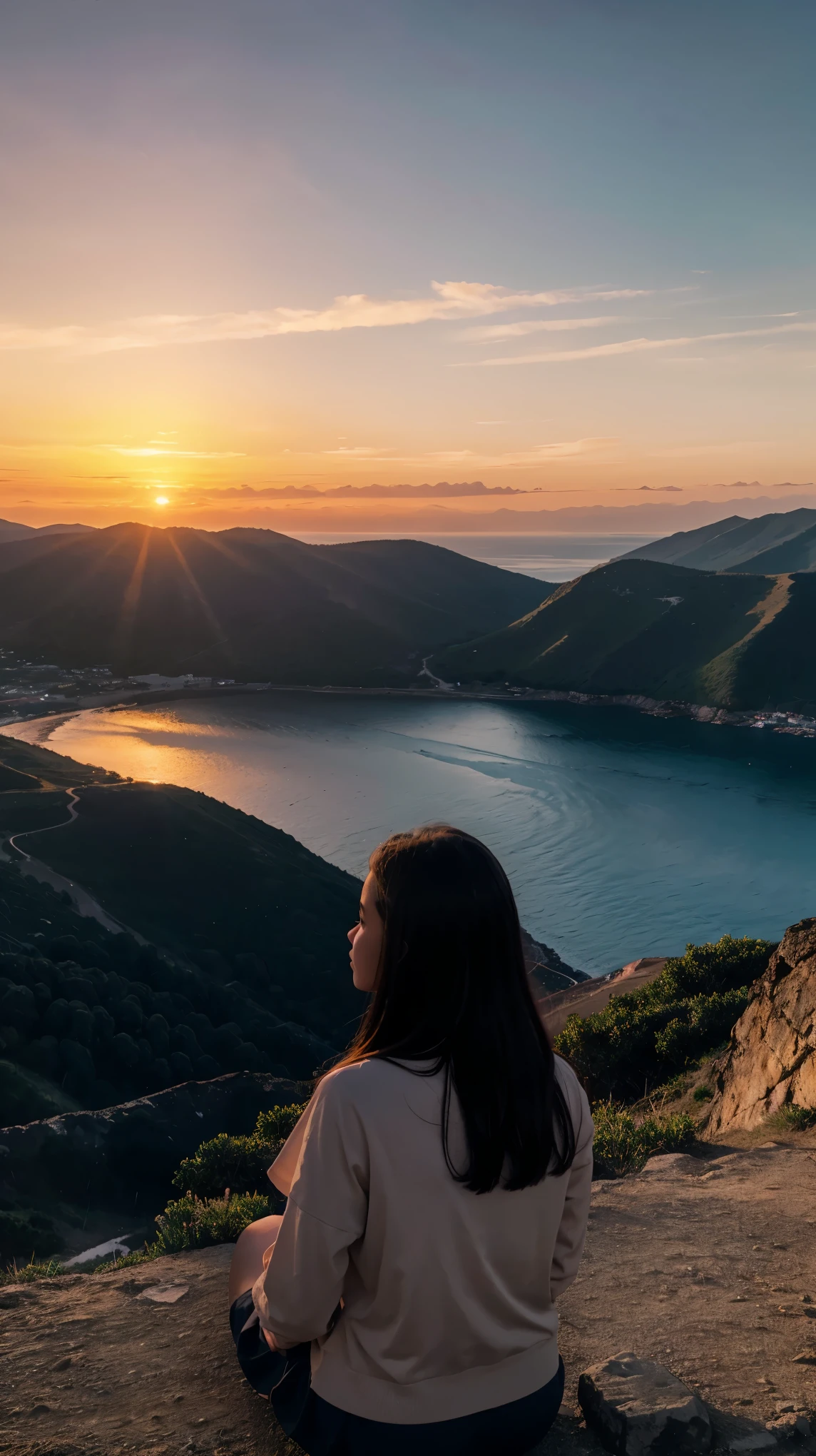 mountain view with sunset, realistic, 8k darklight, girl watching sunset, Scenery of sunset and dusk by the seaside