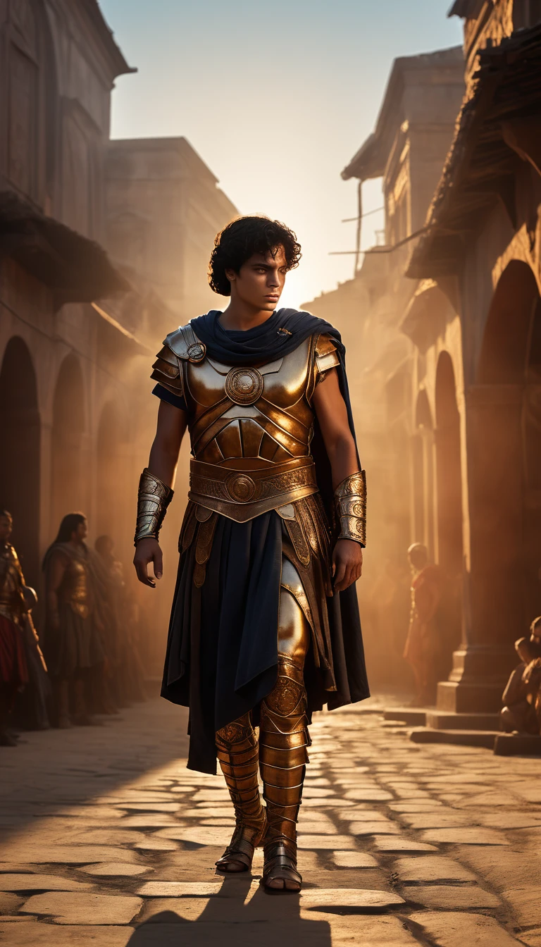 As the sun began to set, The warm golden hues of the sun illuminated his ornate attire, casting a warm glow across the area, Ground-level shot, Intense gladiator duel, set in ancient Rome, historical painting, background dark, hyper realistic, ultra detailed hyper realistic, photorealistic, Studio Lighting, reflections, dynamic pose, Cinematic, Color Grading, Photography, Shot on 50mm lens, Ultra-Wide Angle, Depth of Field, hyper-detailed, beautifully color, 8k, golden light from the front, scene from dune 2 0 2 1 movie, film still from dune 2020, prince of egypt, in screenshot from the 300 movie